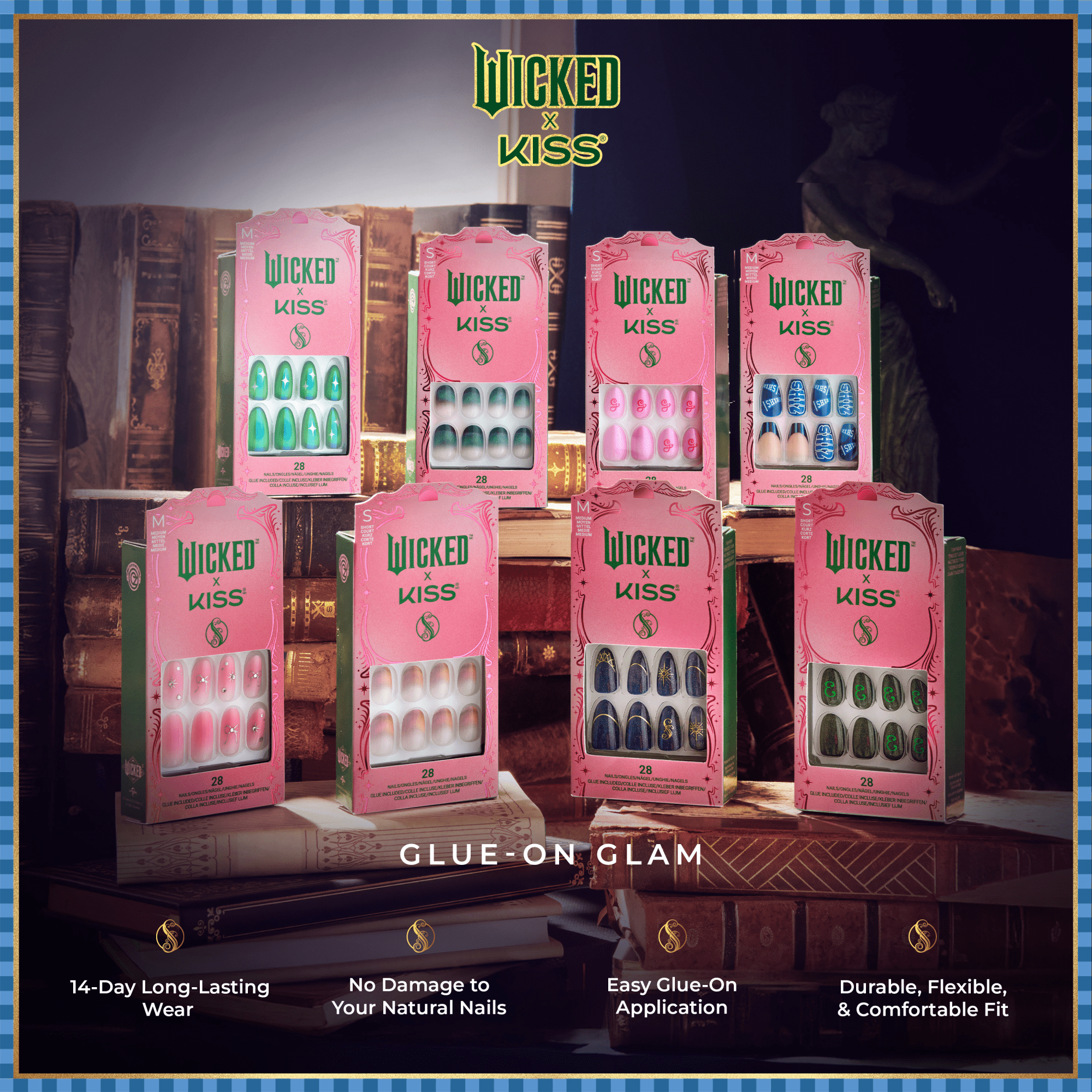 Eight pink-packaged Wicked x Kiss glue-on nail sets displayed on stacked vintage books, featuring various nail designs including green, blue, pink, and ombre styles; text highlights 14-day wear, no natural nail damage, easy glue-on application, and comfortable fit.