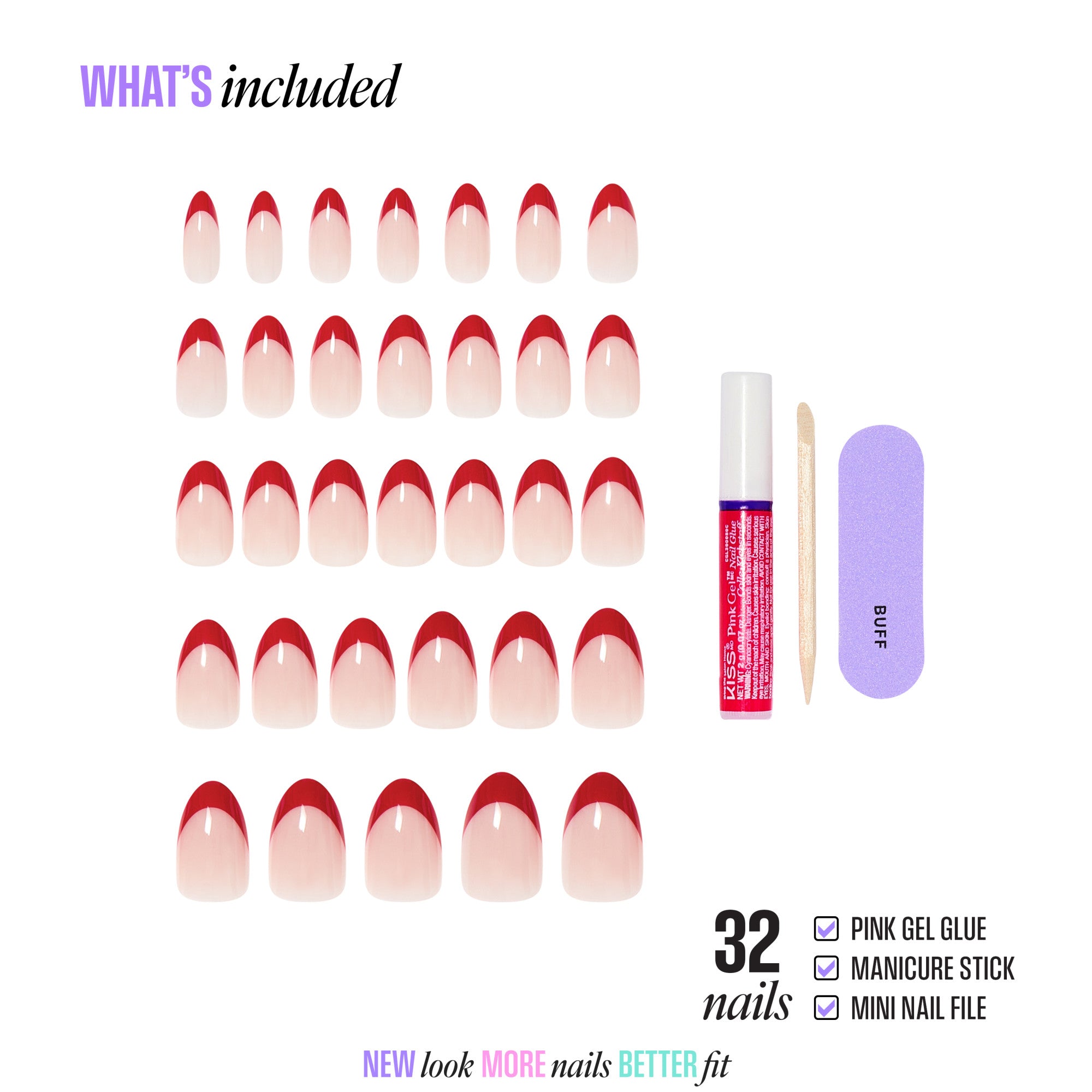 32 red and nude ombre press-on nails with gel glue, manicure stick, and file included.