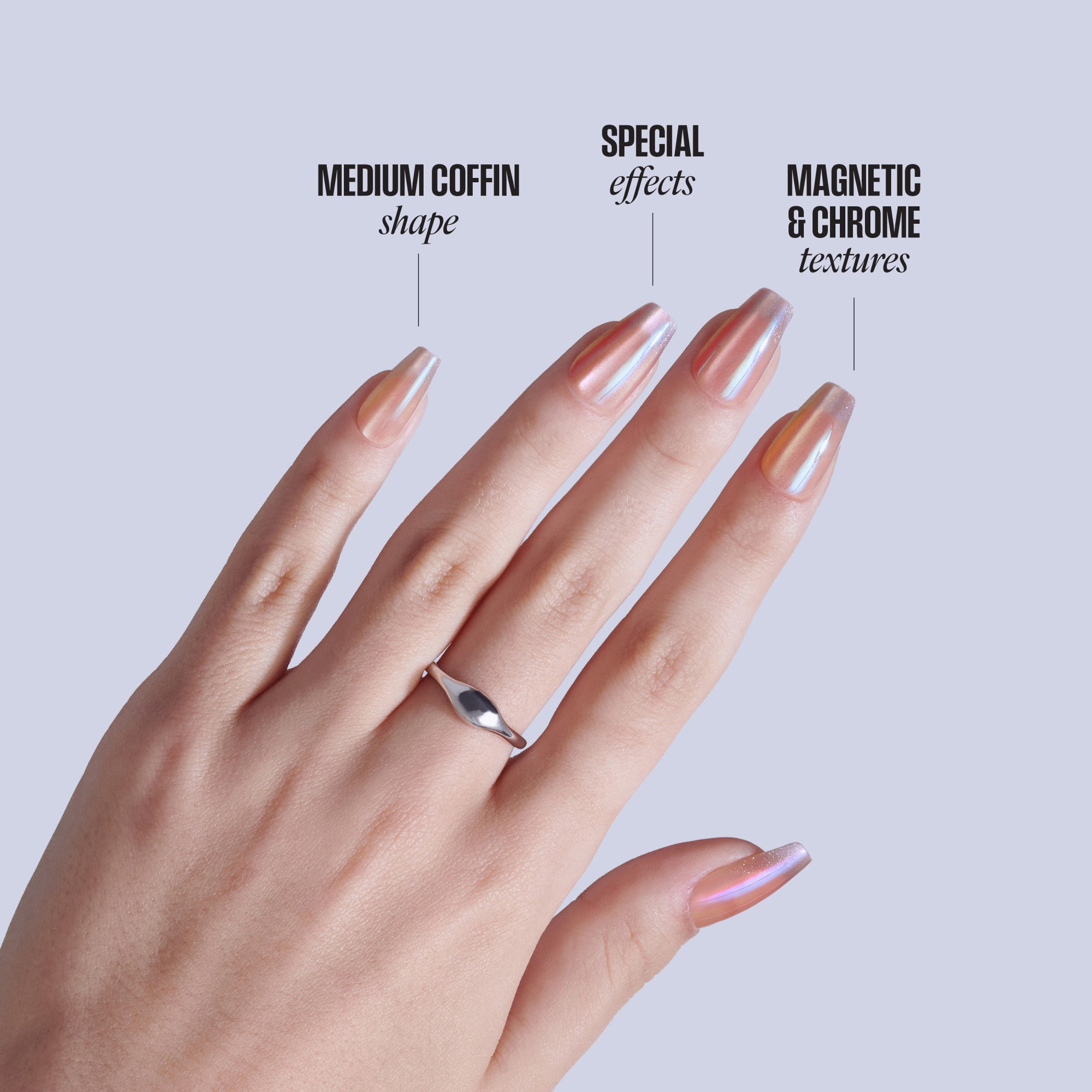 Hand displaying four nail designs: medium coffin shape, special effects, and magnetic chrome textures.