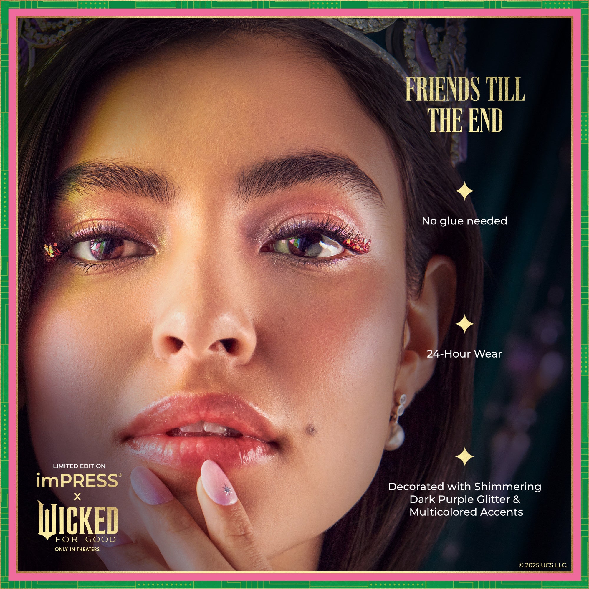 imPRESS x Wicked Limited Edition press-on nails with dark purple glitter and multicolored accents.