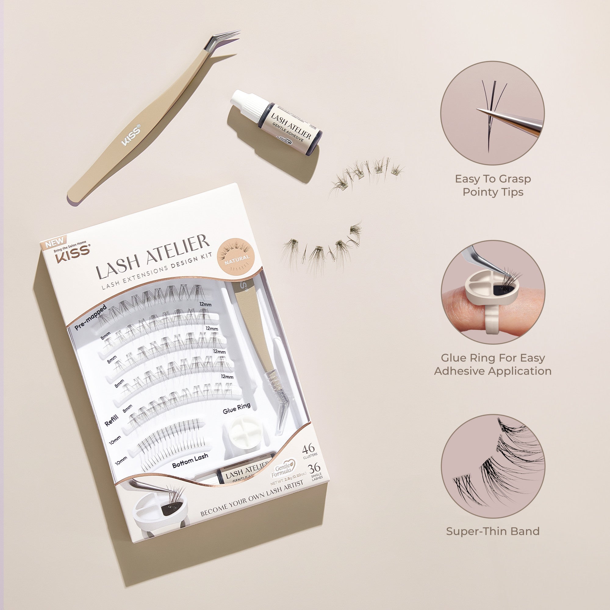 KISS Lash Atelier Individual Lash Extensions Design Kit in natural tones with tweezers, gentle adhesive, glue ring, and clusters of lashes in various lengths. Features easy-to-grasp pointy tips, glue ring for adhesive, and super-thin band.
