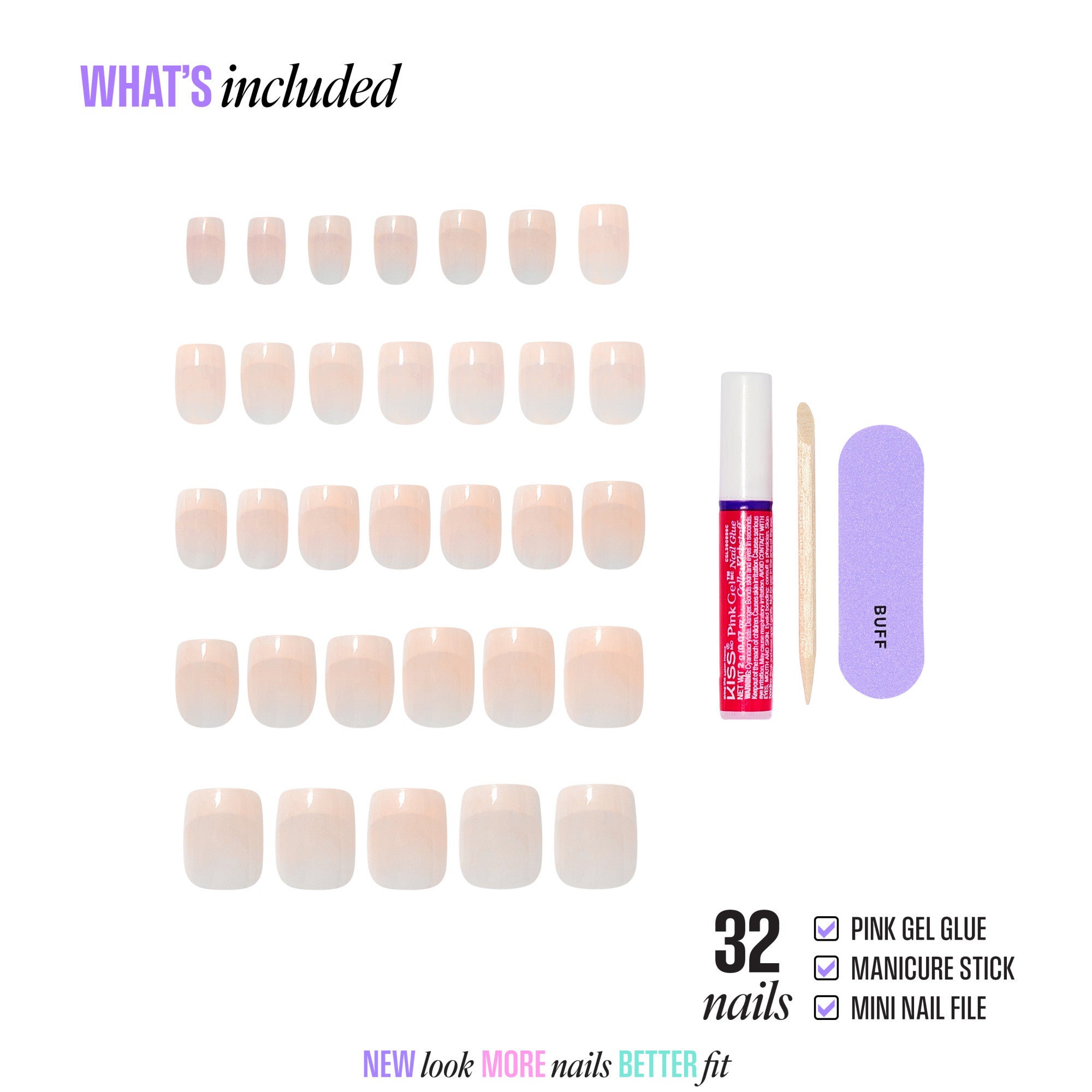 32 press-on nails in nude shades with gel glue, manicure stick, and nail file included.