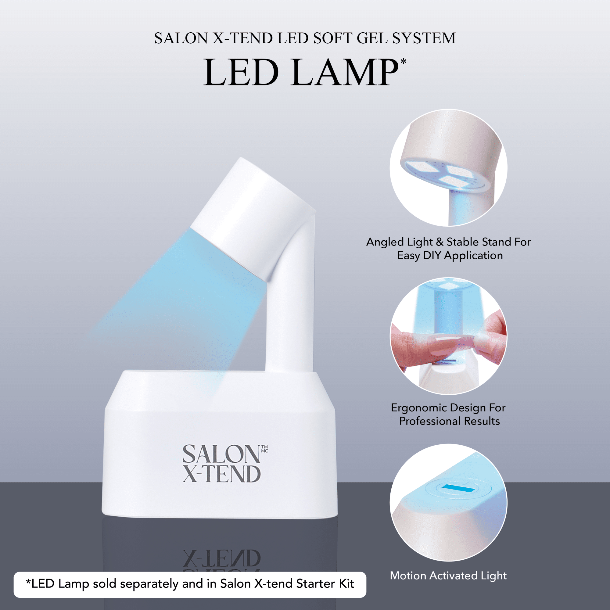 White SALON X-TEND LED lamp with angled light on stand, showing ergonomic design for applying press-on gel nails and motion-activated light feature.