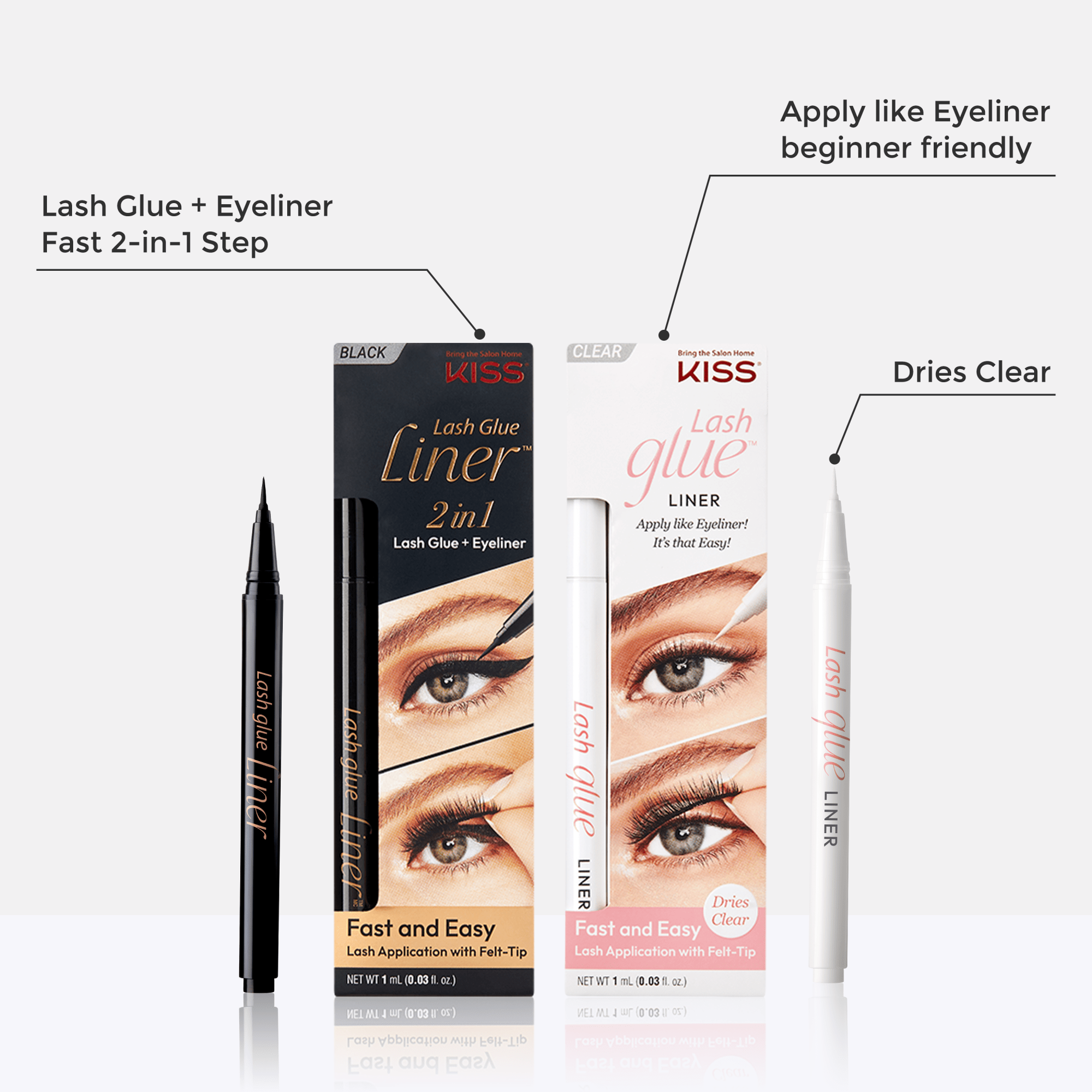 KISS Lash GLUEliner Black packaging with a black felt-tip pen; labeled 2-in-1 lash glue and eyeliner, fast and easy application, applies like eyeliner, beginner friendly, dries clear.