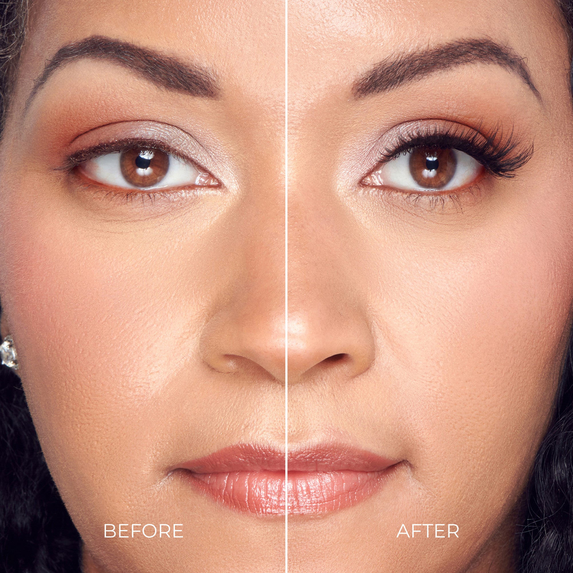 Before and after makeup comparison showing eye makeup and lash application.