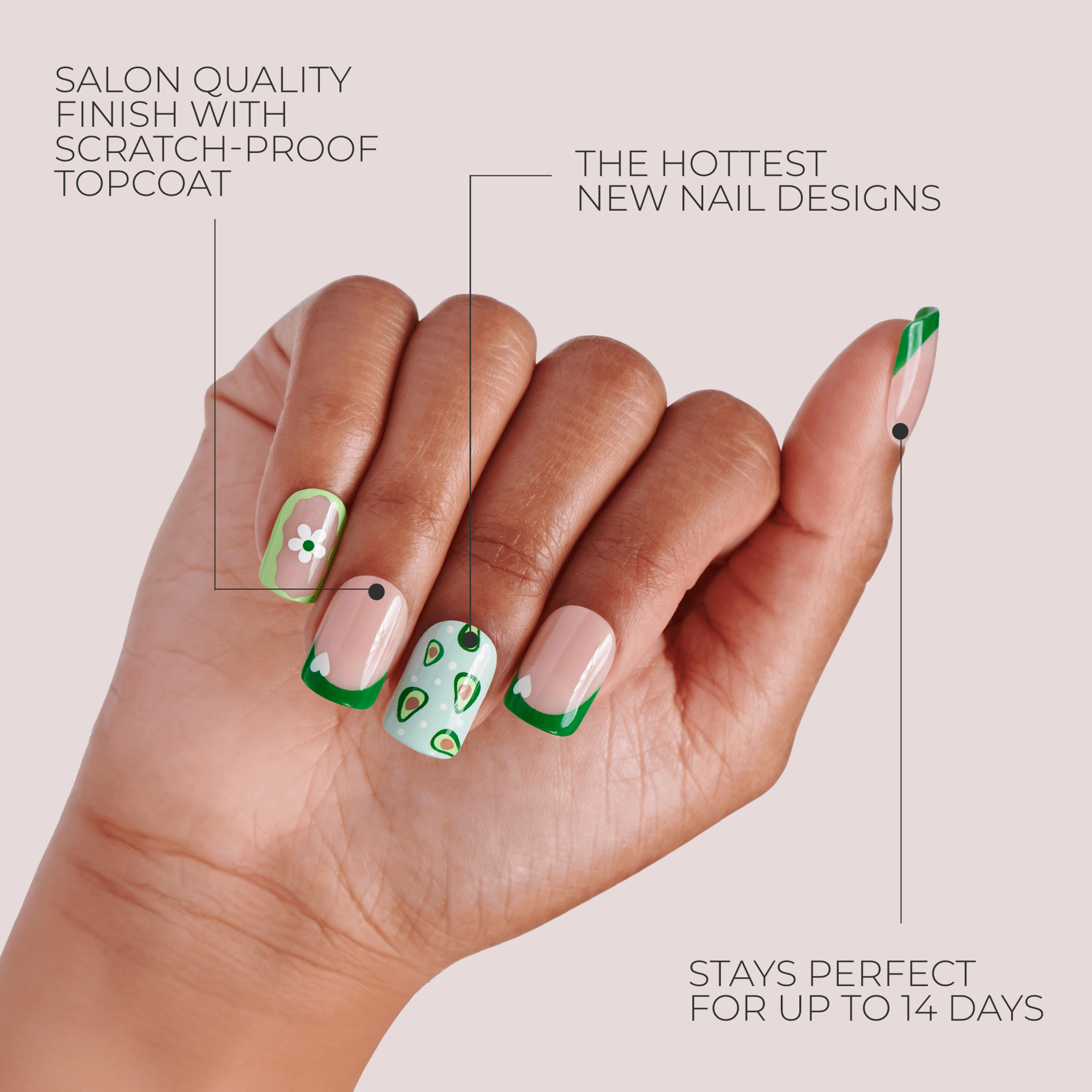 Hand with press-on nails featuring green tips, avocado designs, and a floral accent, highlighting salon-quality finish, latest designs, and 14-day durability.