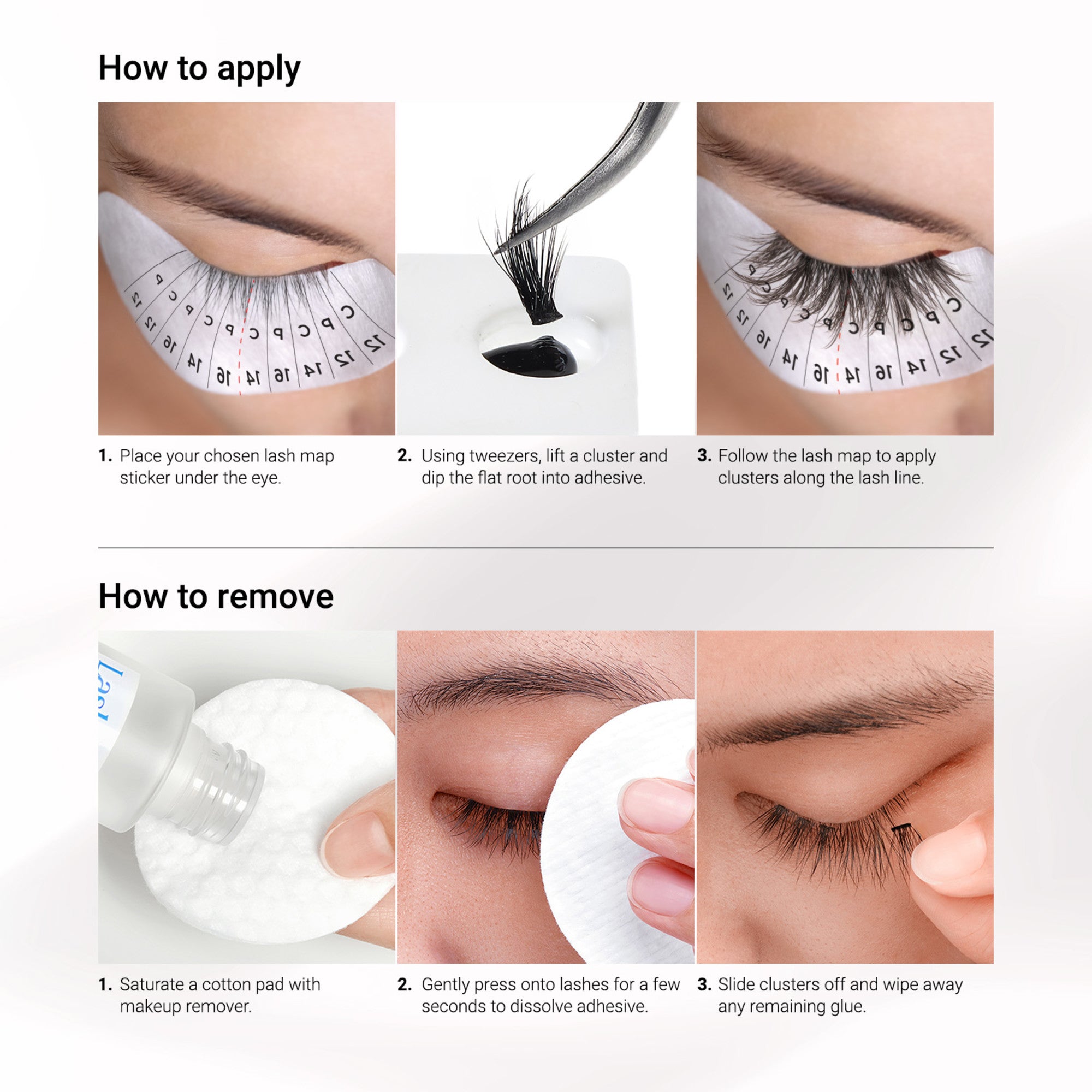 Lash cluster application and removal instructions with lash map sticker and makeup remover steps.