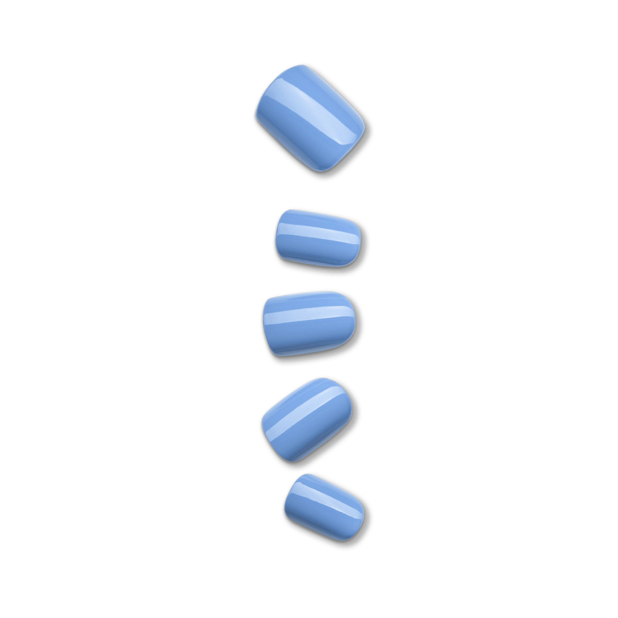 Set of five glossy light blue press-on nails in varying sizes, shown against a transparent background.