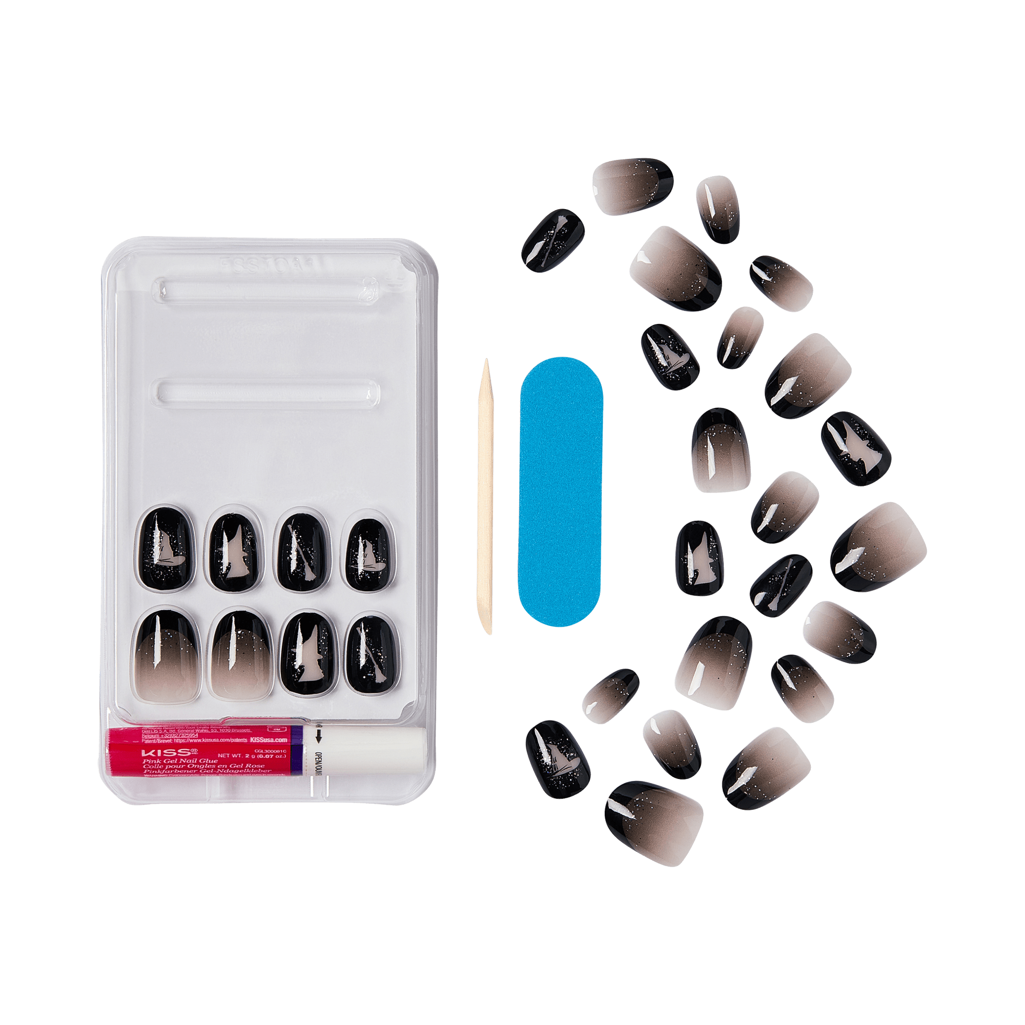 KISS press-on nails set with black and nude ombre designs, application tools, and blue nail file.