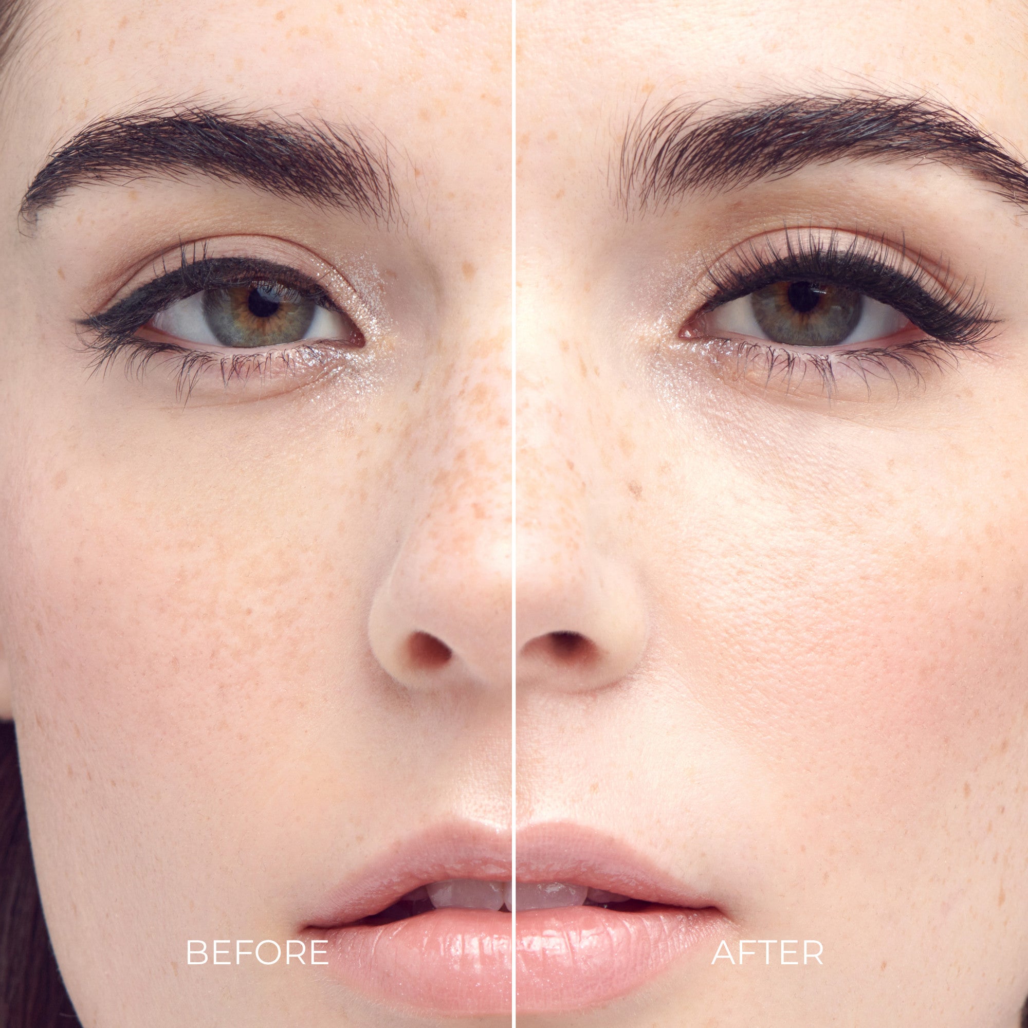 Close-up of a woman’s face split in half; left side labeled \