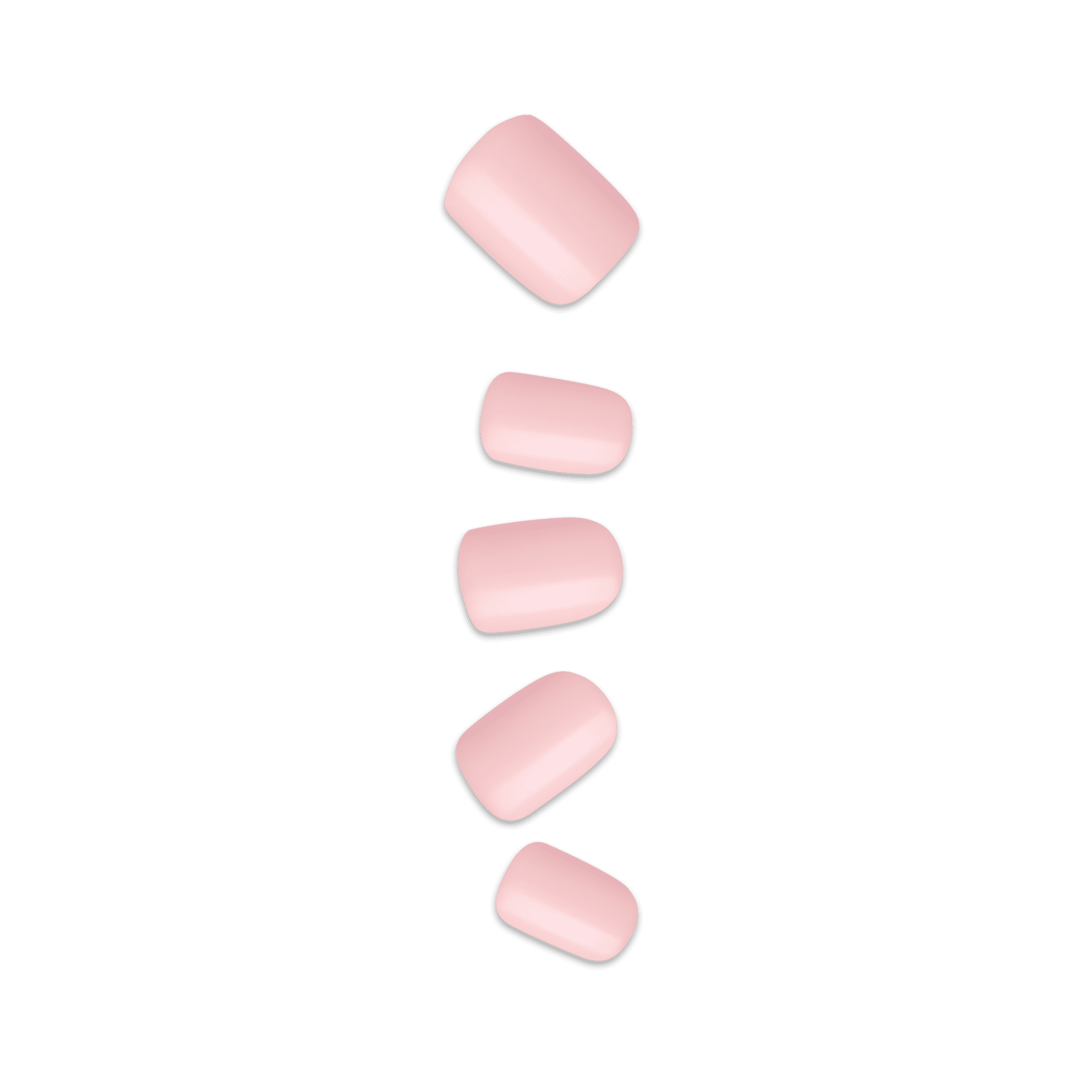 Set of five glossy, light pink press-on nails in various sizes arranged vertically on a plain background.