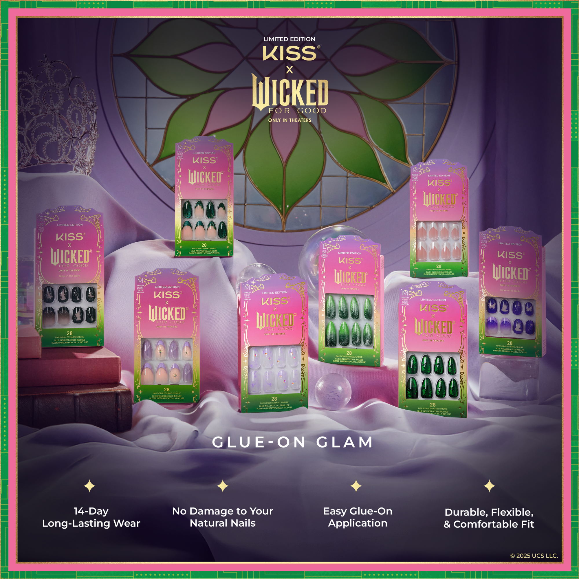 Limited edition KISS x Wicked for Good glue-on nail sets displayed against a purple satin backdrop, showcasing various colors and designs. Text highlights 14-day wear, no nail damage, easy application, and comfortable fit.