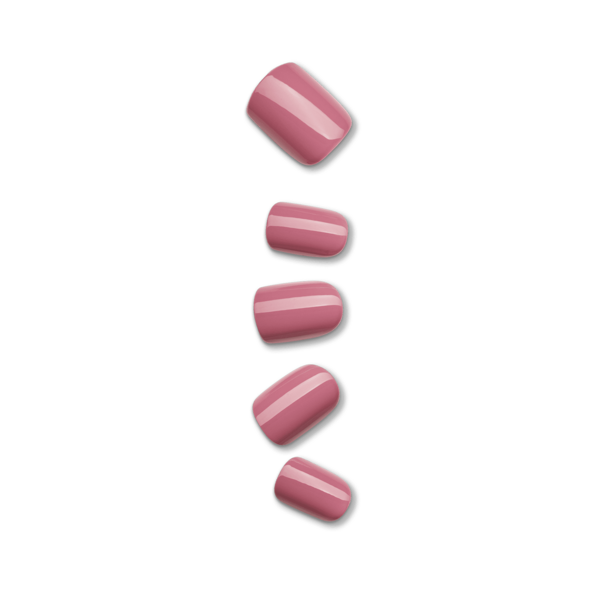 Five glossy press-on nails in various sizes, displayed vertically, all in a smooth petal pink color with a subtle shine.
