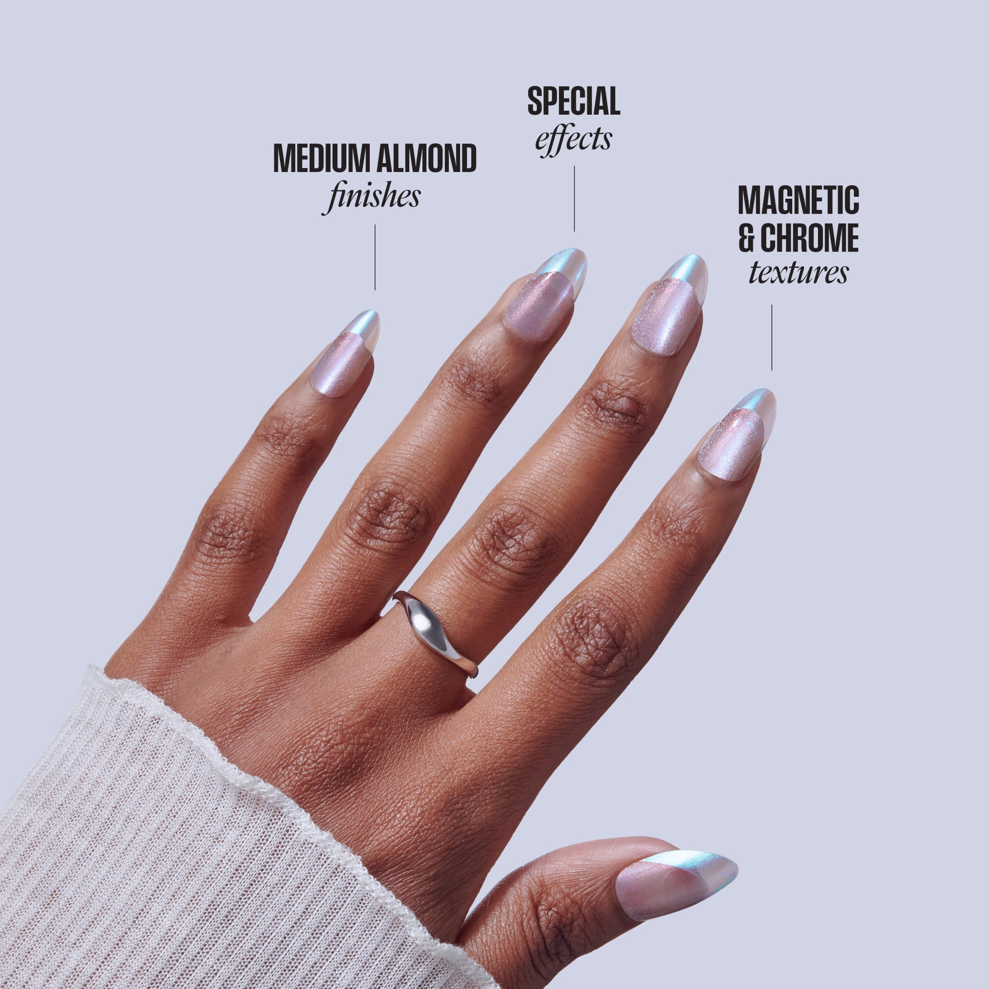 Hand displaying three nail polish finishes: medium almond, special effects, magnetic & chrome textures.