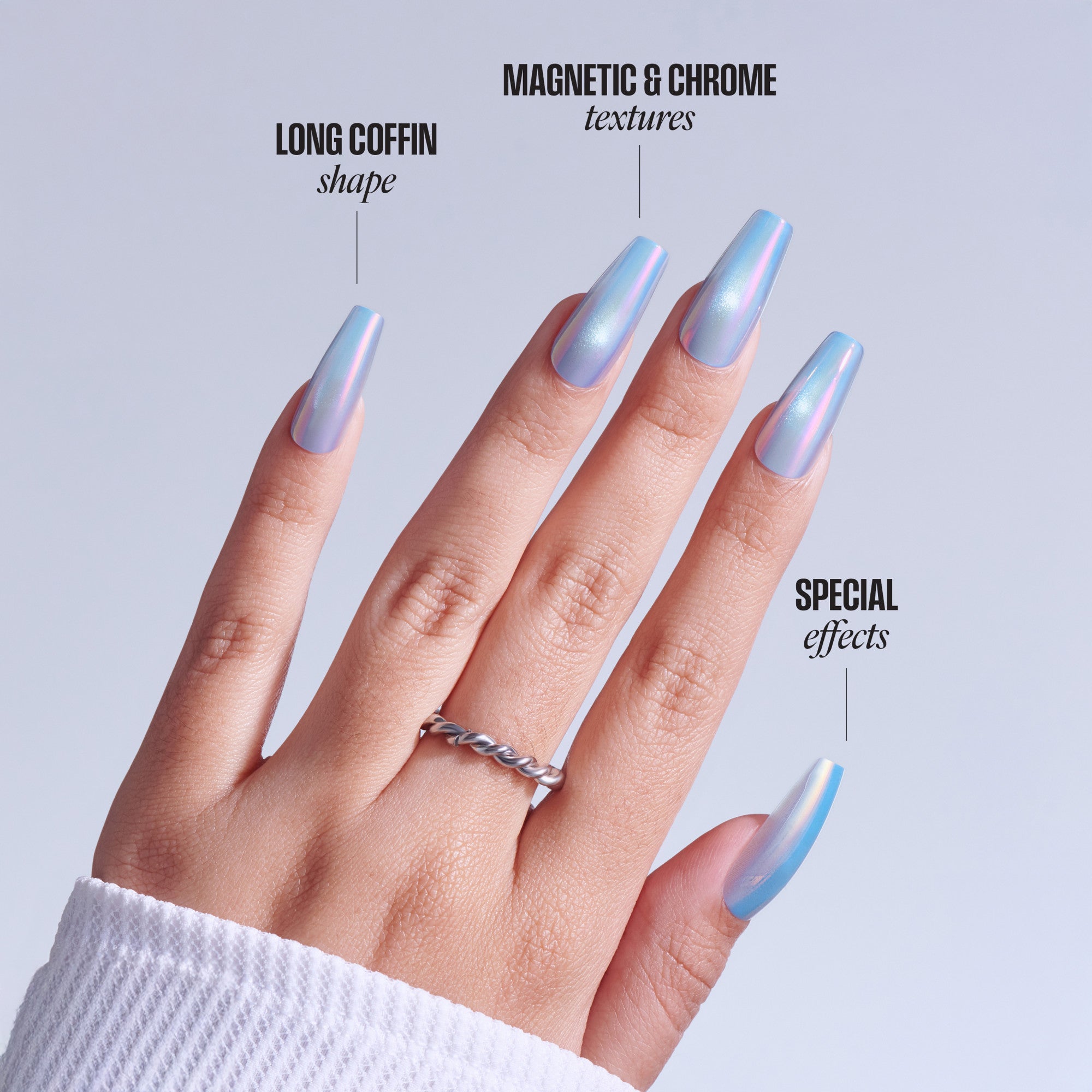 Long coffin nails with magnetic chrome textures in iridescent blue and pink tones.