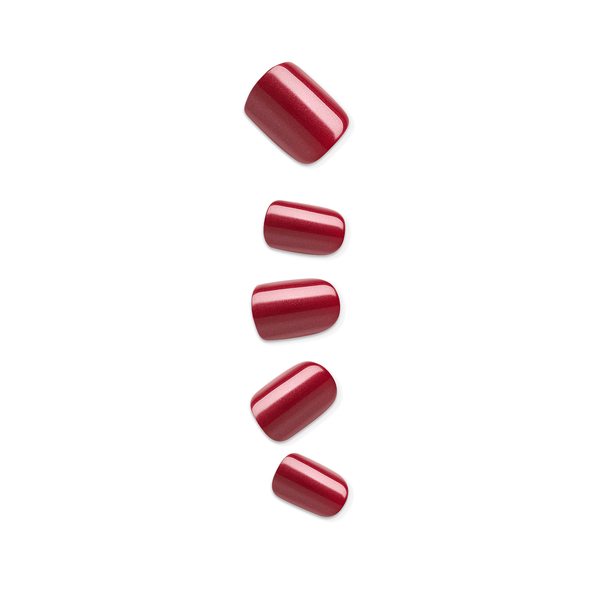 Five glossy, deep red press-on nails with a subtle shimmer, arranged in a vertical line against a plain background.