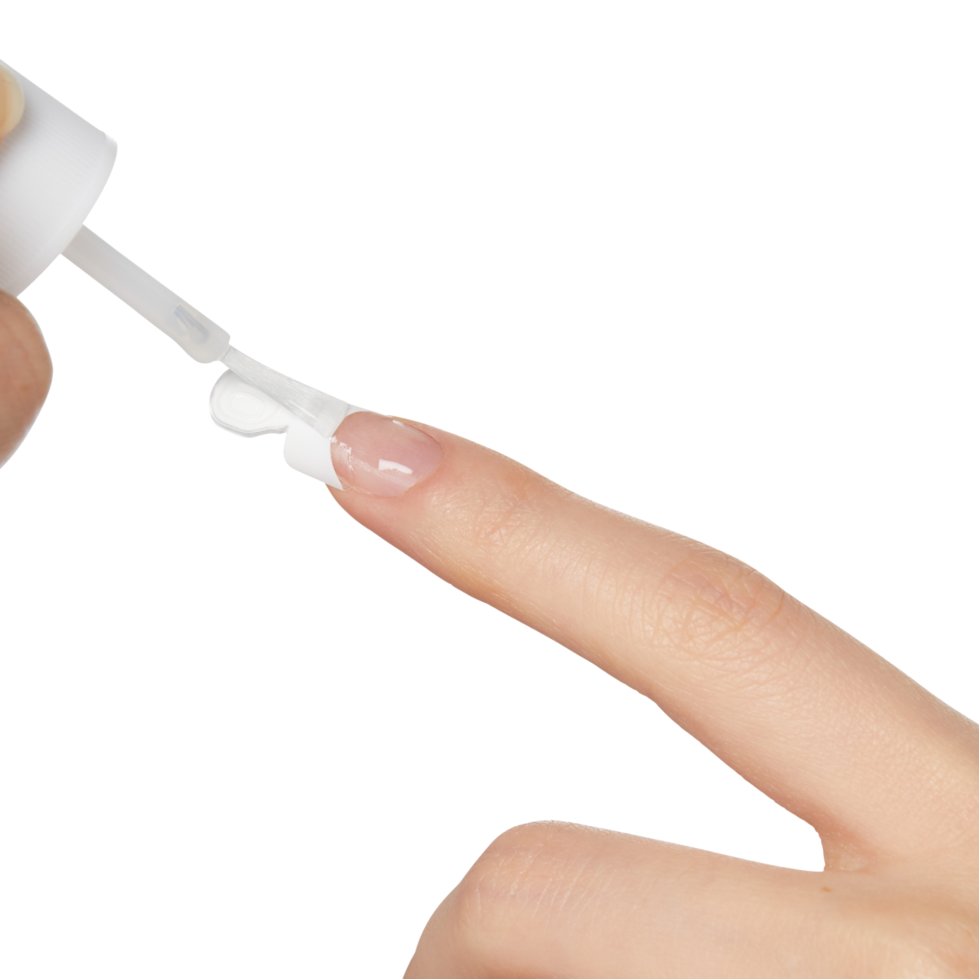 Close-up of a hand applying clear gel polish with a brush onto the tip of a fingernail, demonstrating the KS Brush-On Gel Nail Kit in use.