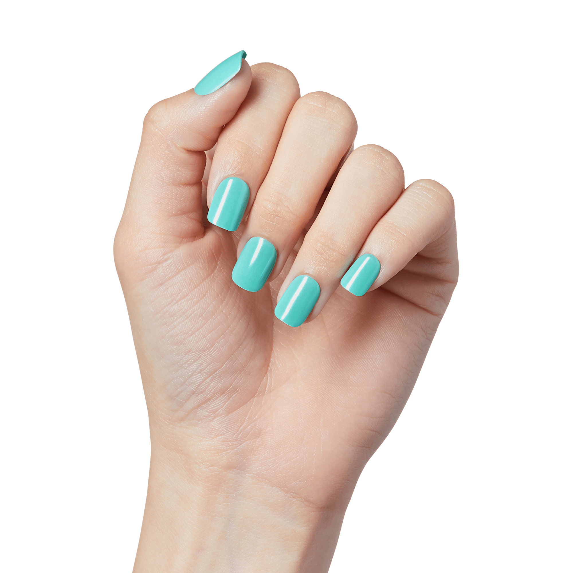 Hand with medium-length press-on nails painted in glossy turquoise blue, shown from the back with fingers slightly curled.