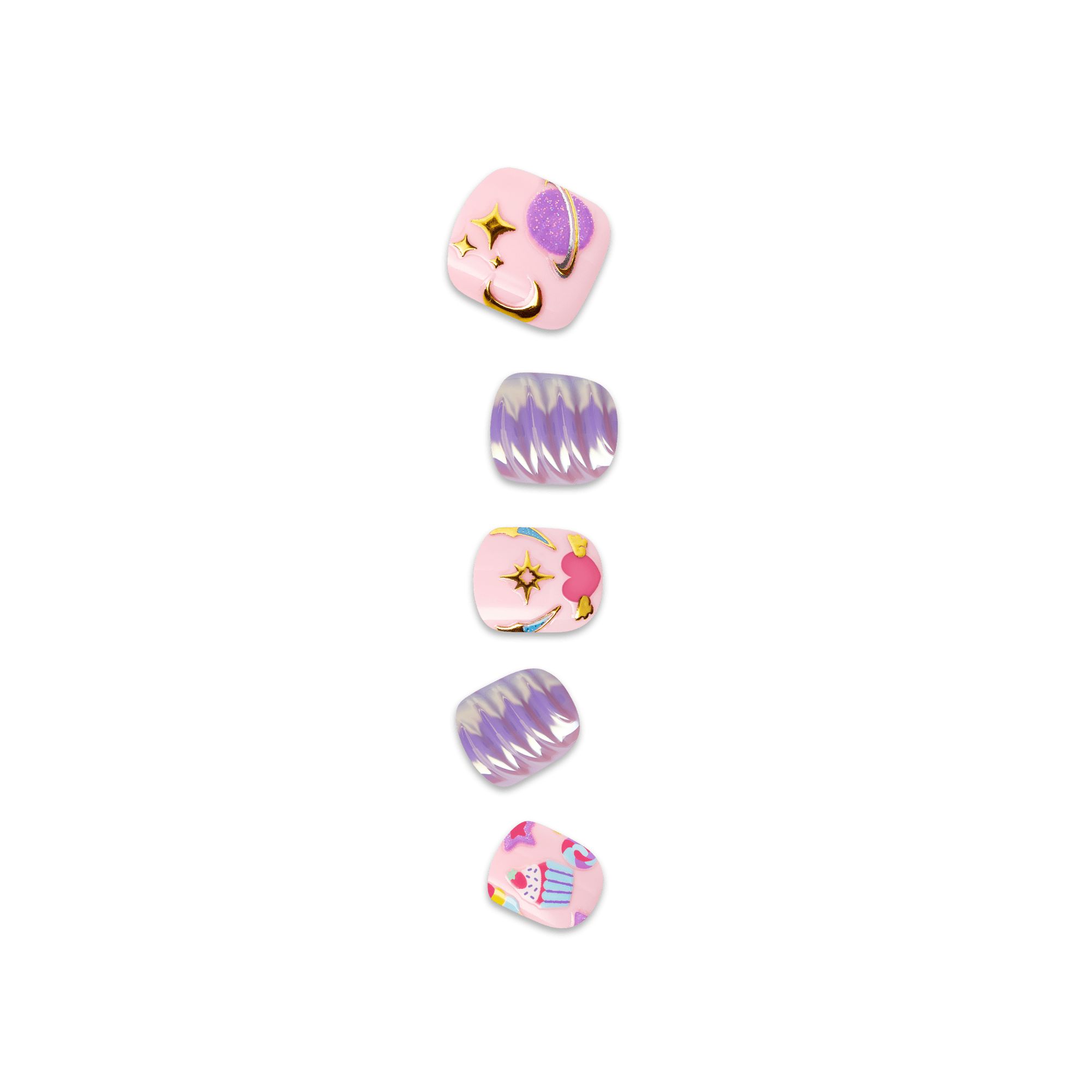 Five colorful decorative nail designs featuring pink, purple, stars, and geometric patterns.
