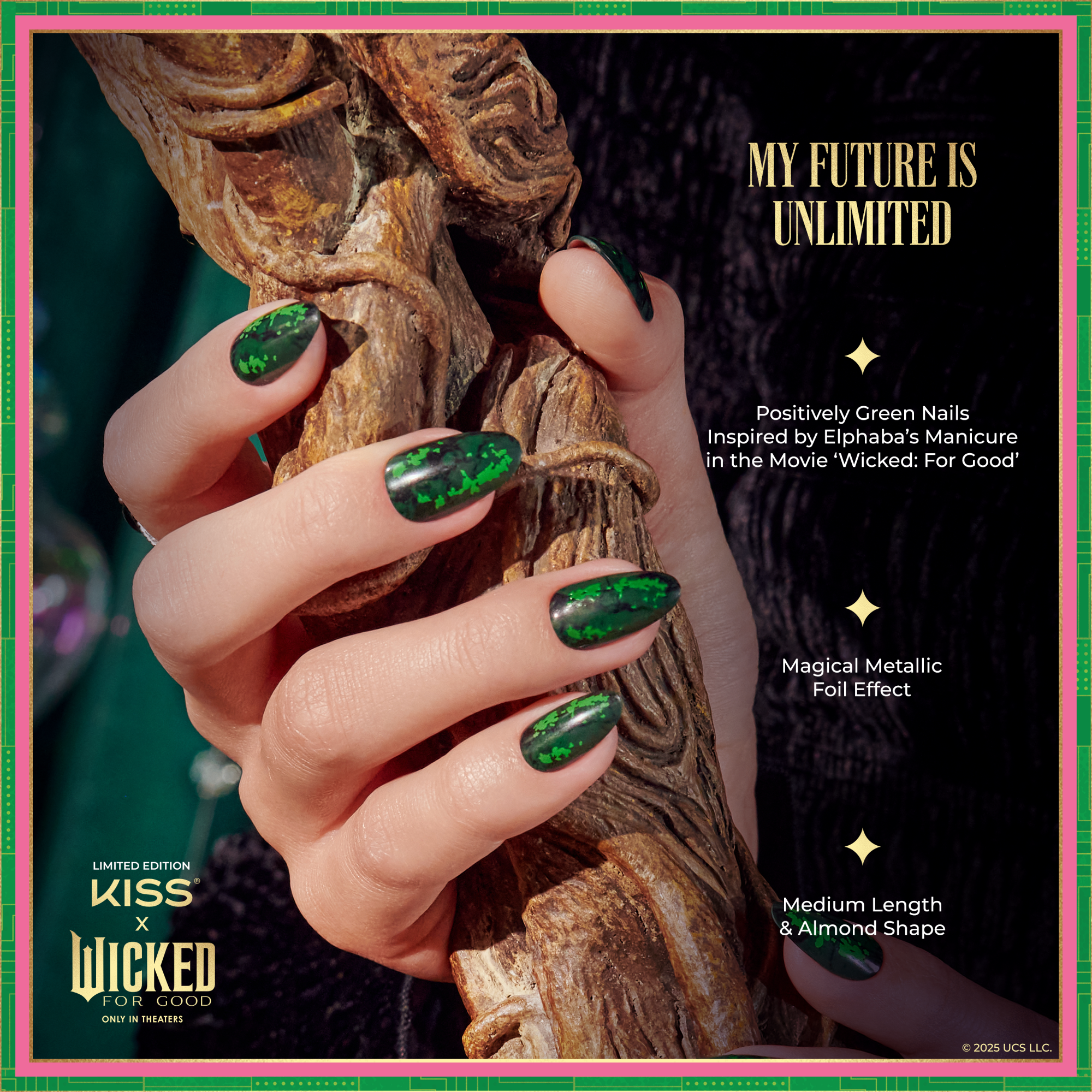 Hand with medium-length, almond-shaped nails painted metallic green with a foil effect, holding textured brown wood. Text highlights inspiration from Wicked: For Good movie.