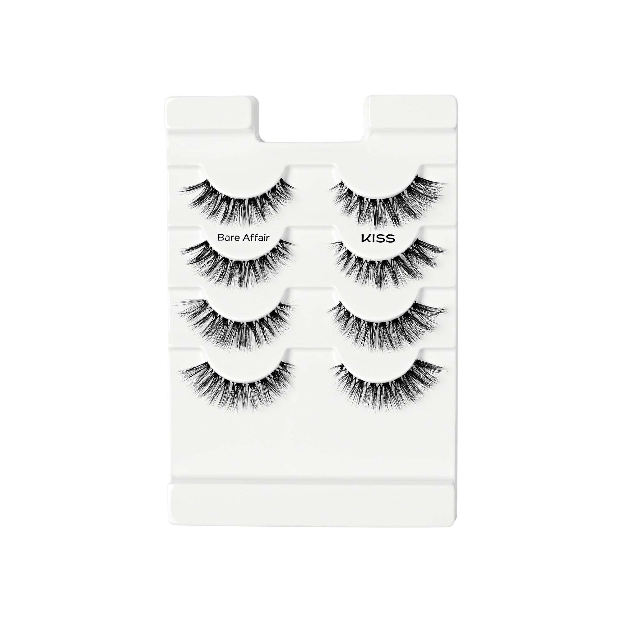 Four pairs of black false eyelashes with natural volume and length are arranged on a white plastic tray labeled \