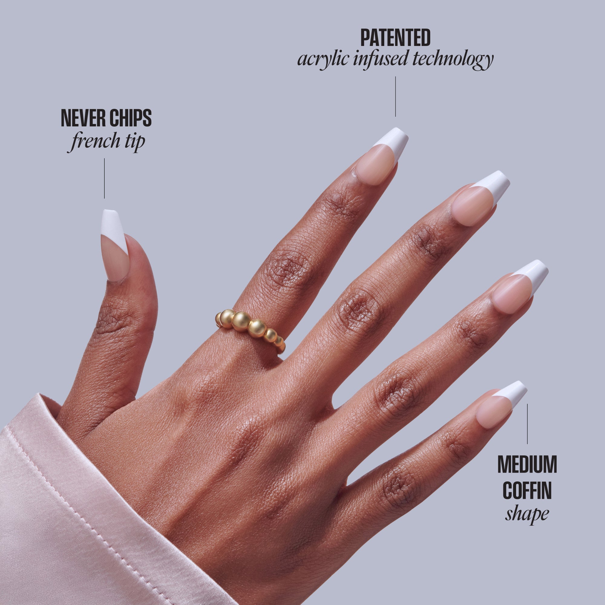 Manicured hand displaying acrylic nails with French tip, coffin shape, patented acrylic infused technology.