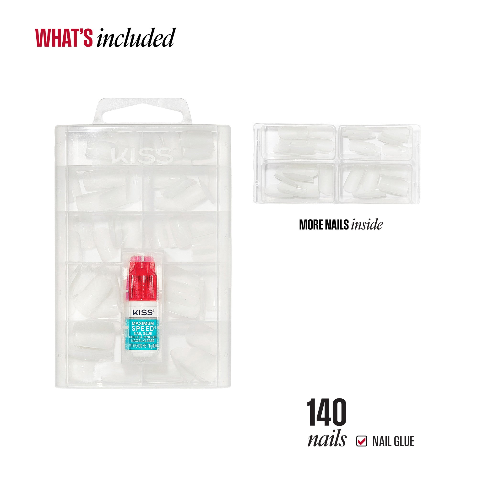 KISS 140 nail kit with glue, storage case, and refill nails included.