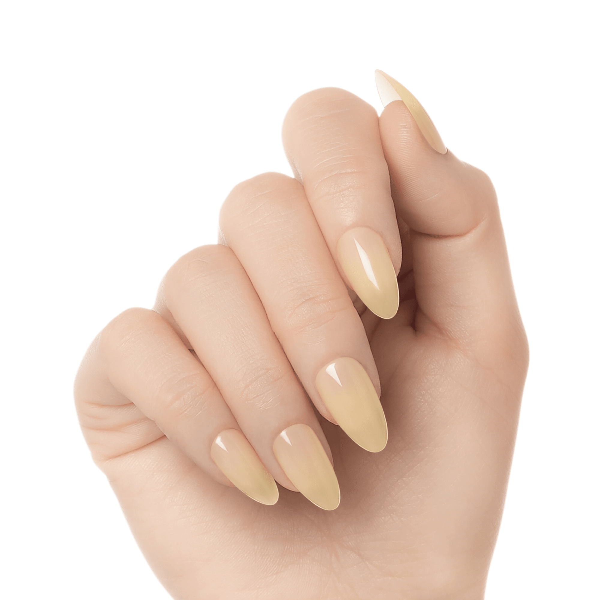 Hand showing long, almond-shaped press on gel nails in a glossy pale yellow shade called \