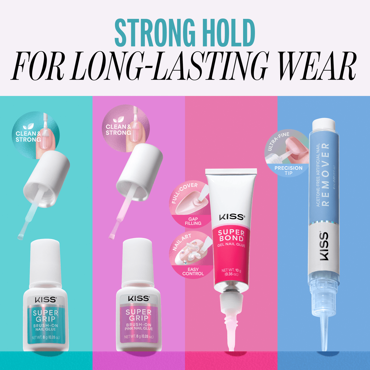 Kiss SuperGrip Brush-On Nail Glue | Nail Adhesive, Press-On Glue, Vitamin E Infused, Long-Lasting Wear, Clean & Strong, 0.28 oz.
