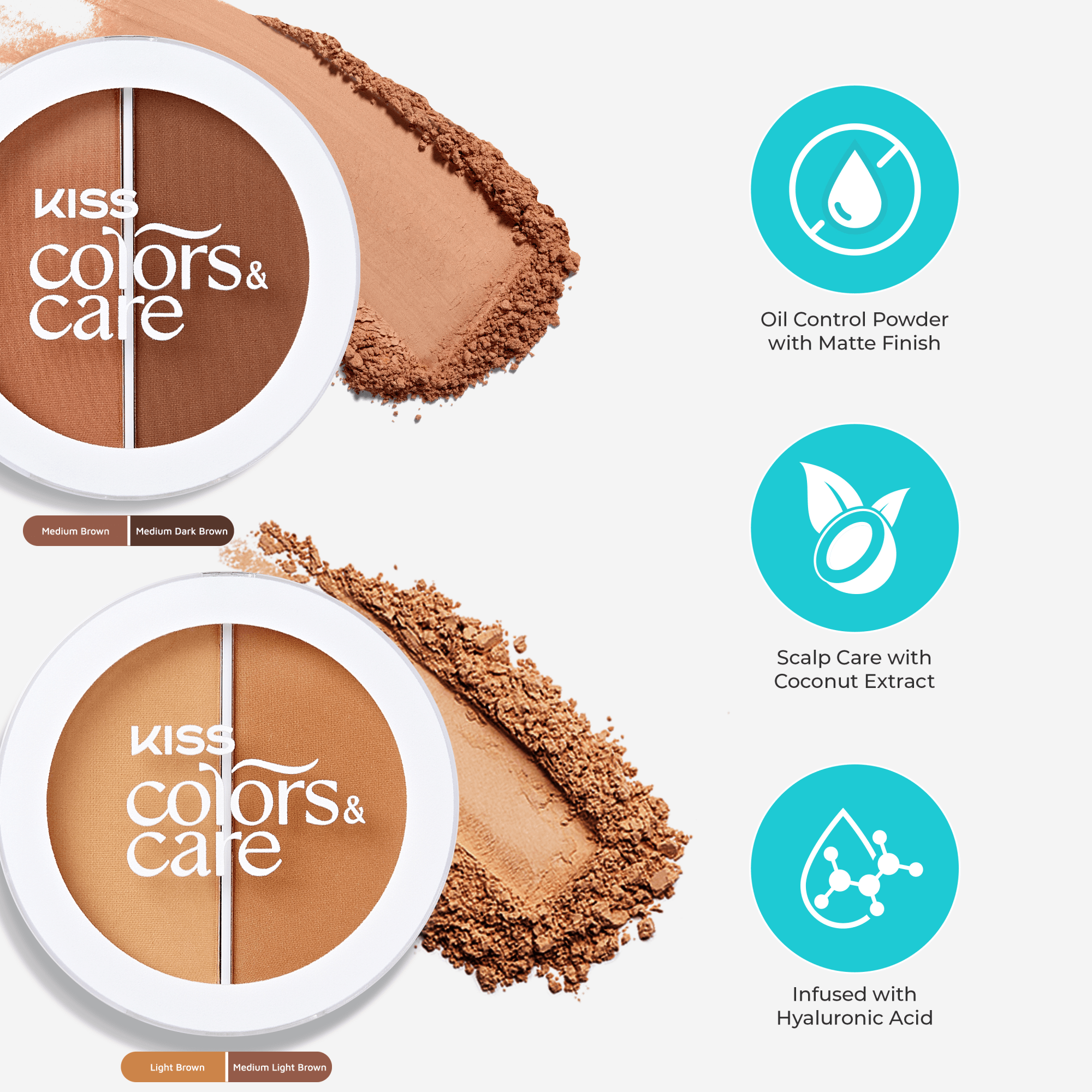 Kiss Colors & Care oil control powder with texture and feature icons on a white background