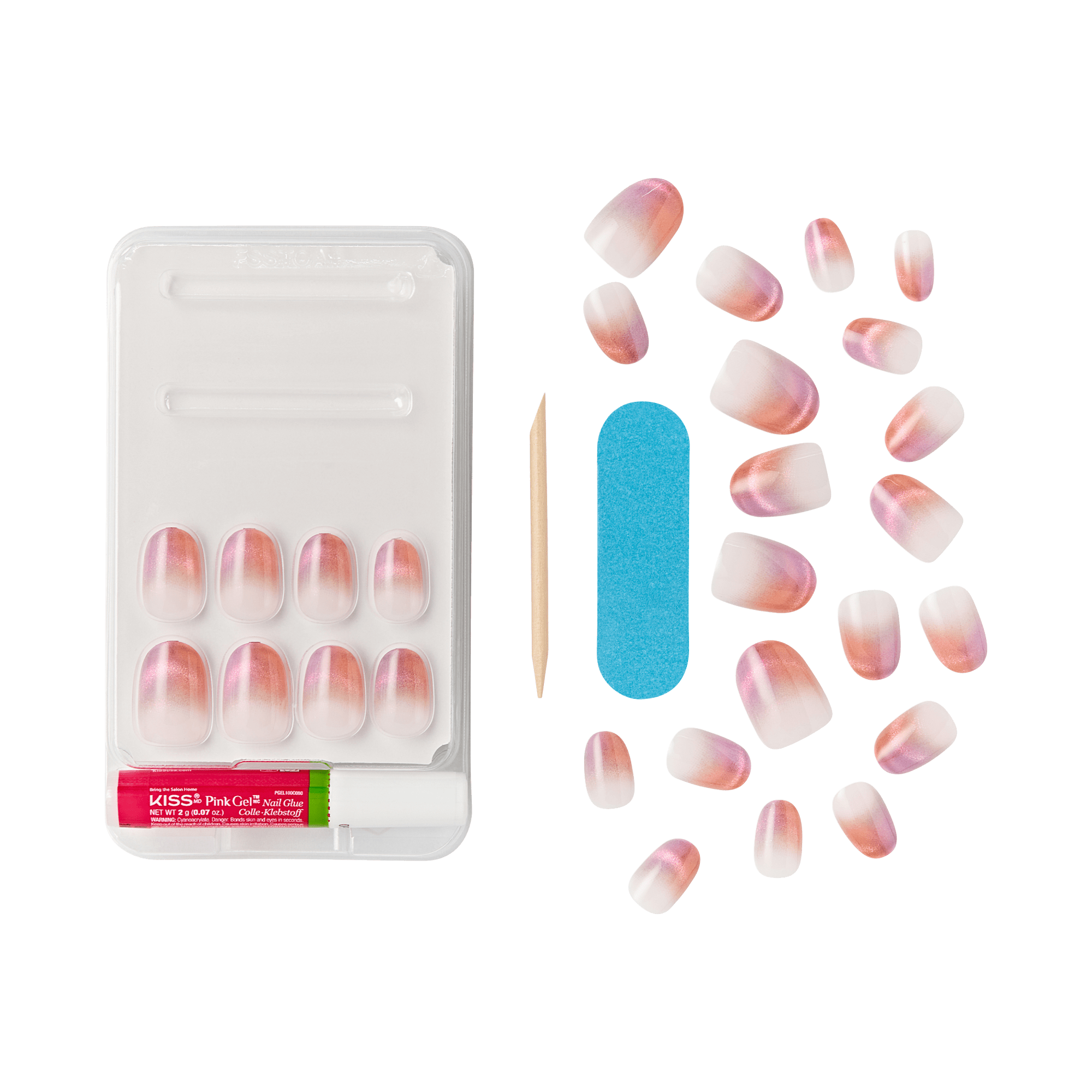 Set of pink ombre press-on nails with nail glue, wooden cuticle stick, and blue nail file, all displayed on a white tray and scattered on a green background.