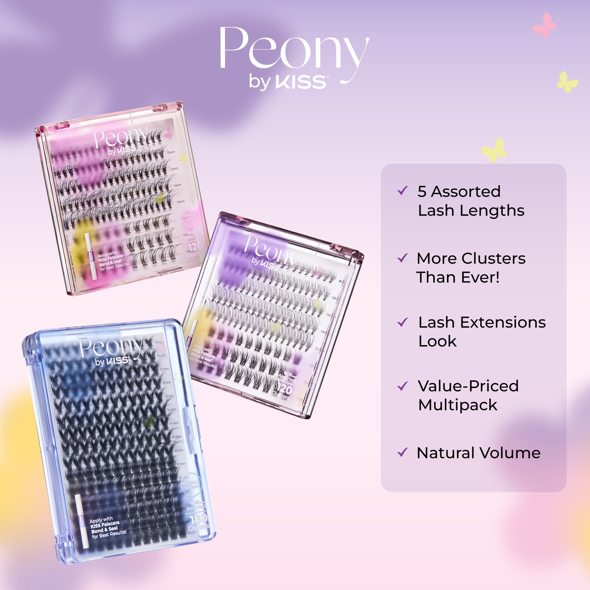 Peony by KISS lash extension kits displayed with key features: 5 assorted lengths, more clusters, natural volume.