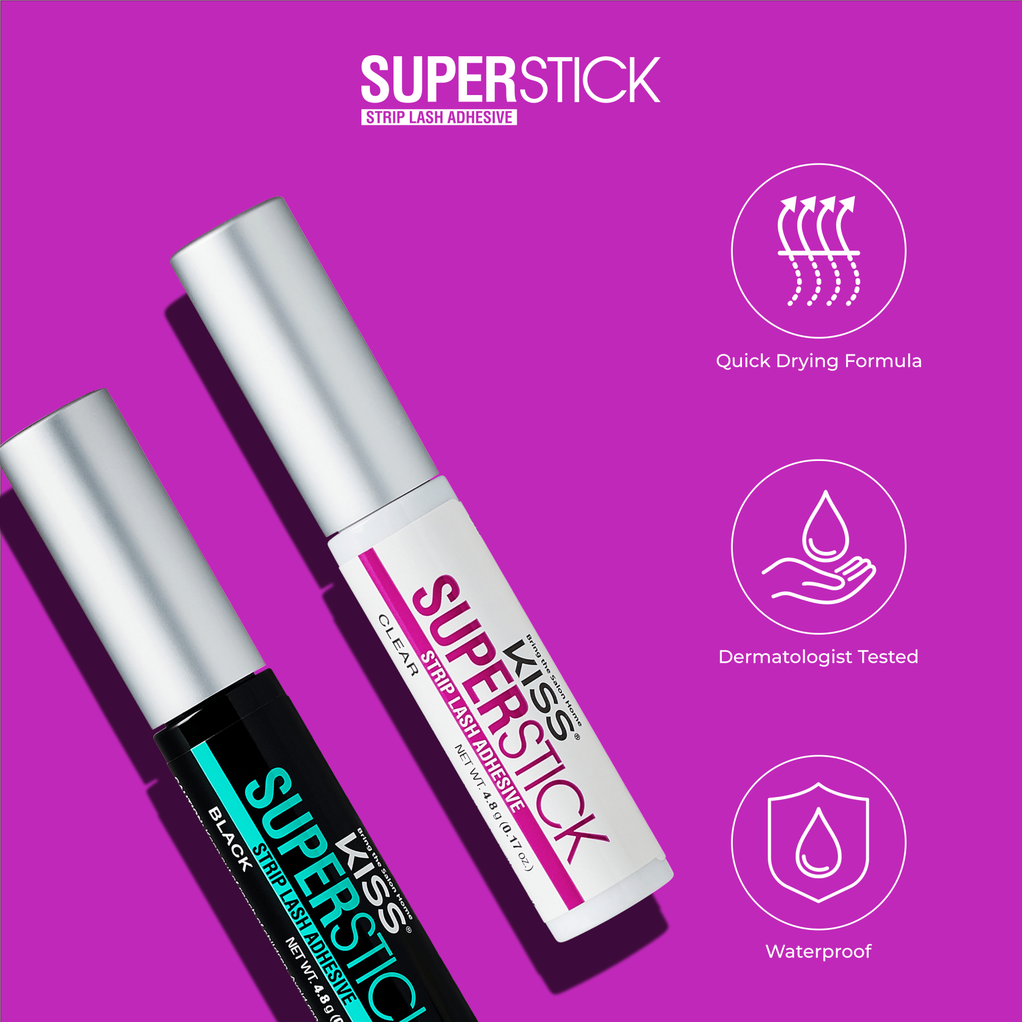 SUPERSTICK Strip Lash Adhesive products with quick-drying, dermatologist-tested, waterproof features.