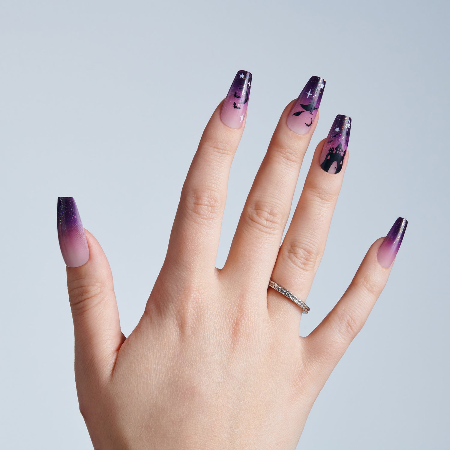Kiss Haunt Halloween Press On Fake Glue Nails - After Dark | Design, Purple, Long, Coffin, Glow In The Dark