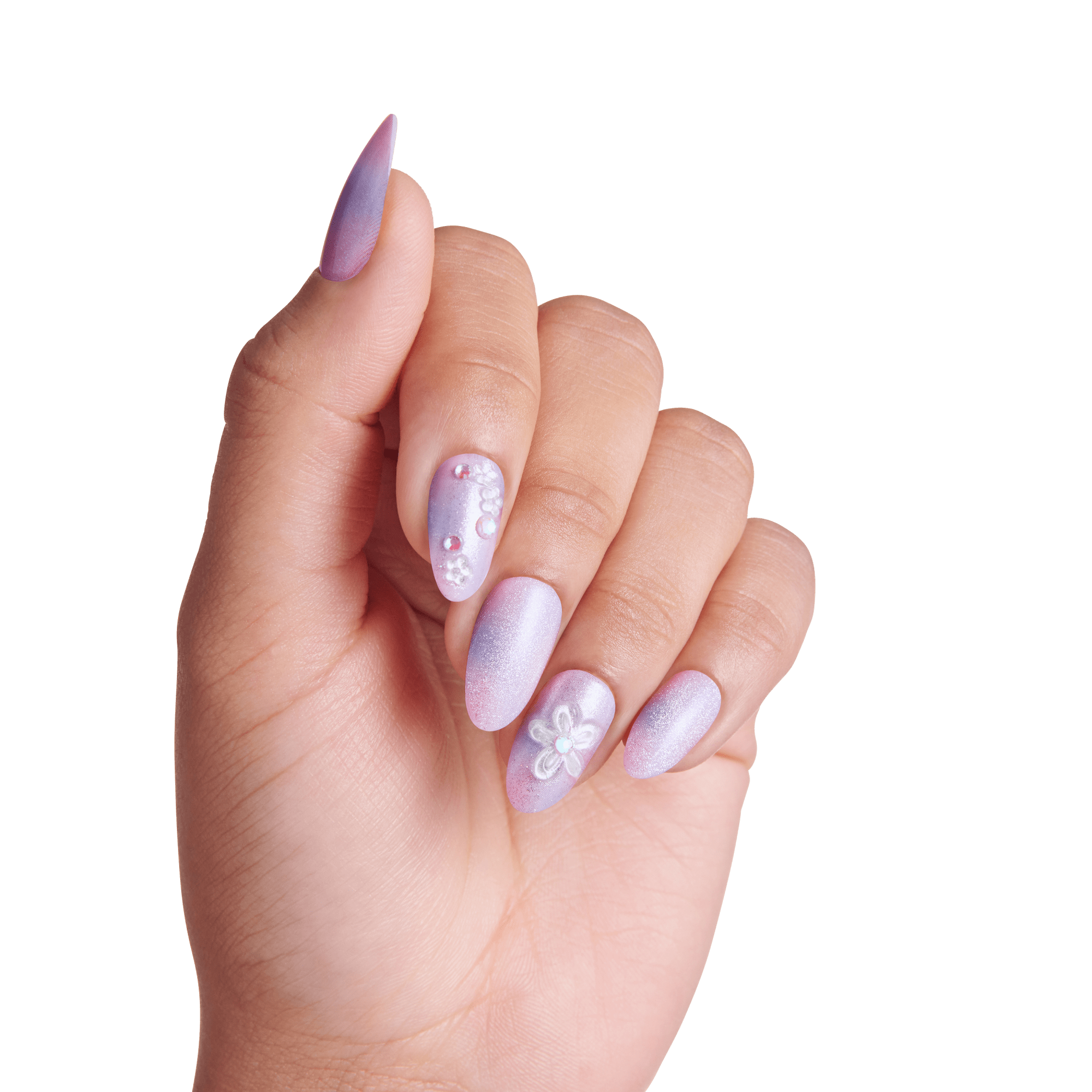 Hand displaying almond-shaped nails with purple glitter finish and floral designs.