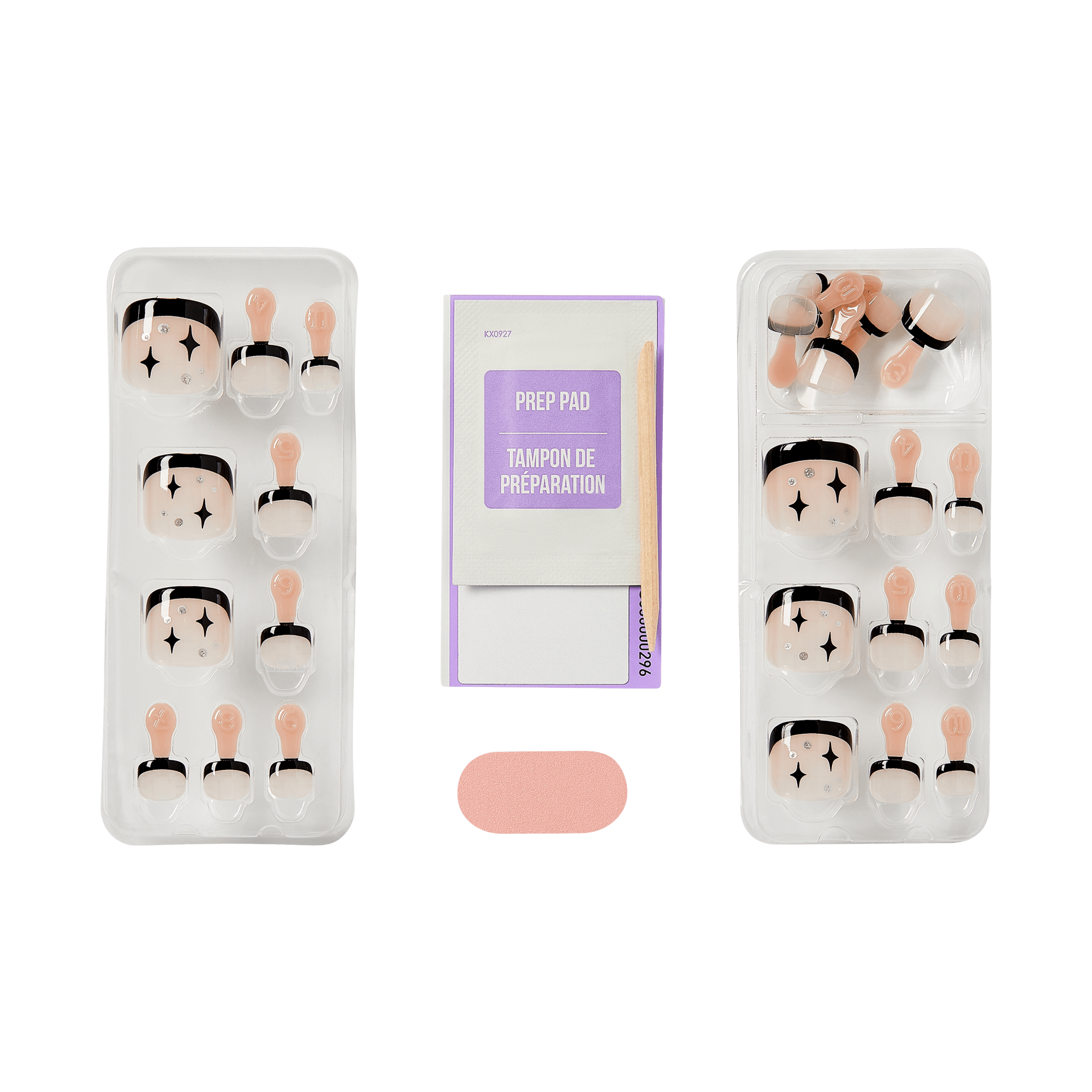 The image features a set of nail preparation tools and accessories. In the center, there is a prep pad, which is likely used for cleaning or preparing nails before application. Flanking the prep pad are two trays containing a variety of nail tips or forms, each with a light pink base and black accents. Additionally, there is a small pink item, possibly a nail file or buffer, placed at the bottom of the image. The overall arrangement suggests a focus on nail care and enhancement.