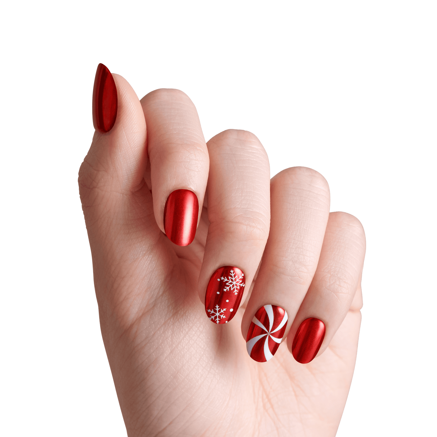 Red nail polish manicure with snowflake and peppermint candy designs