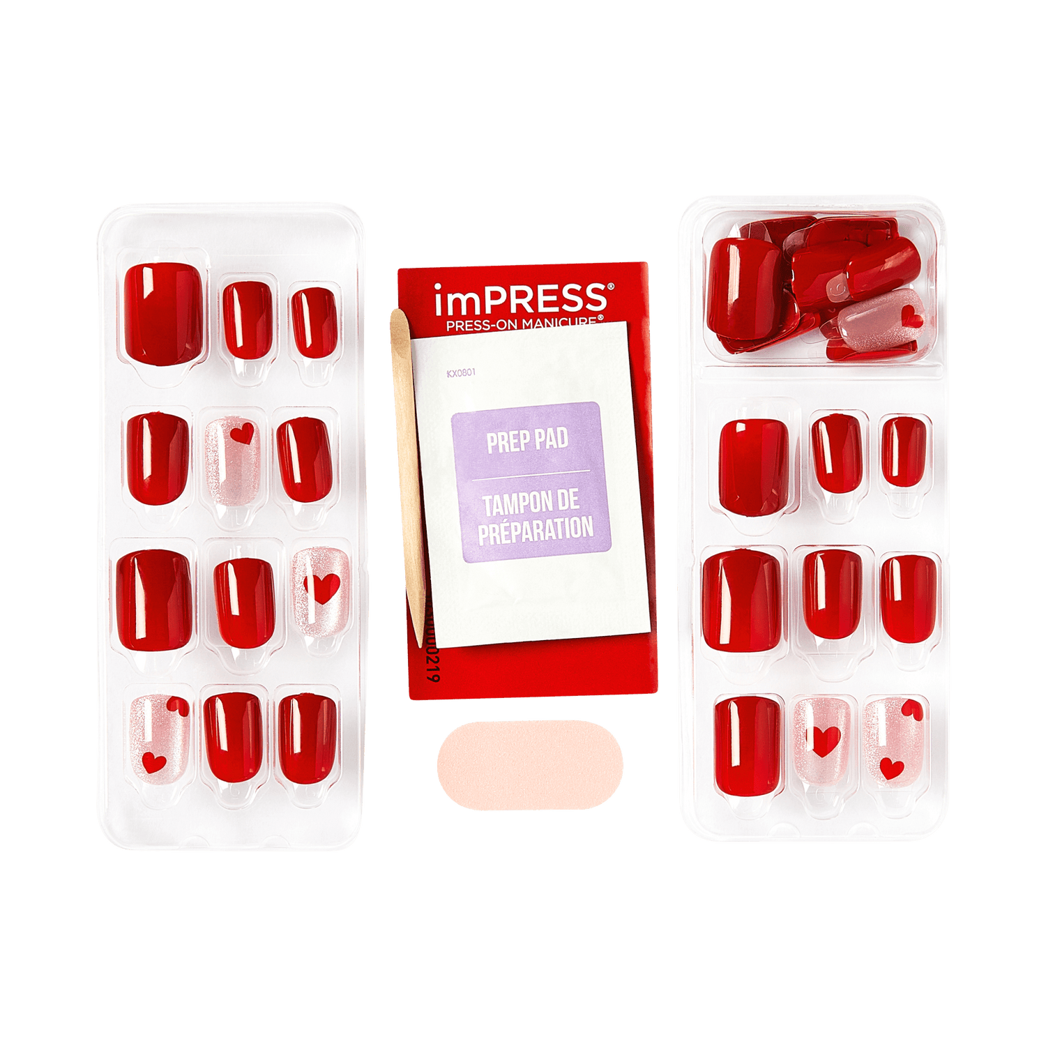imPRESS press-on manicure set with red nails and heart designs, prep pad included.