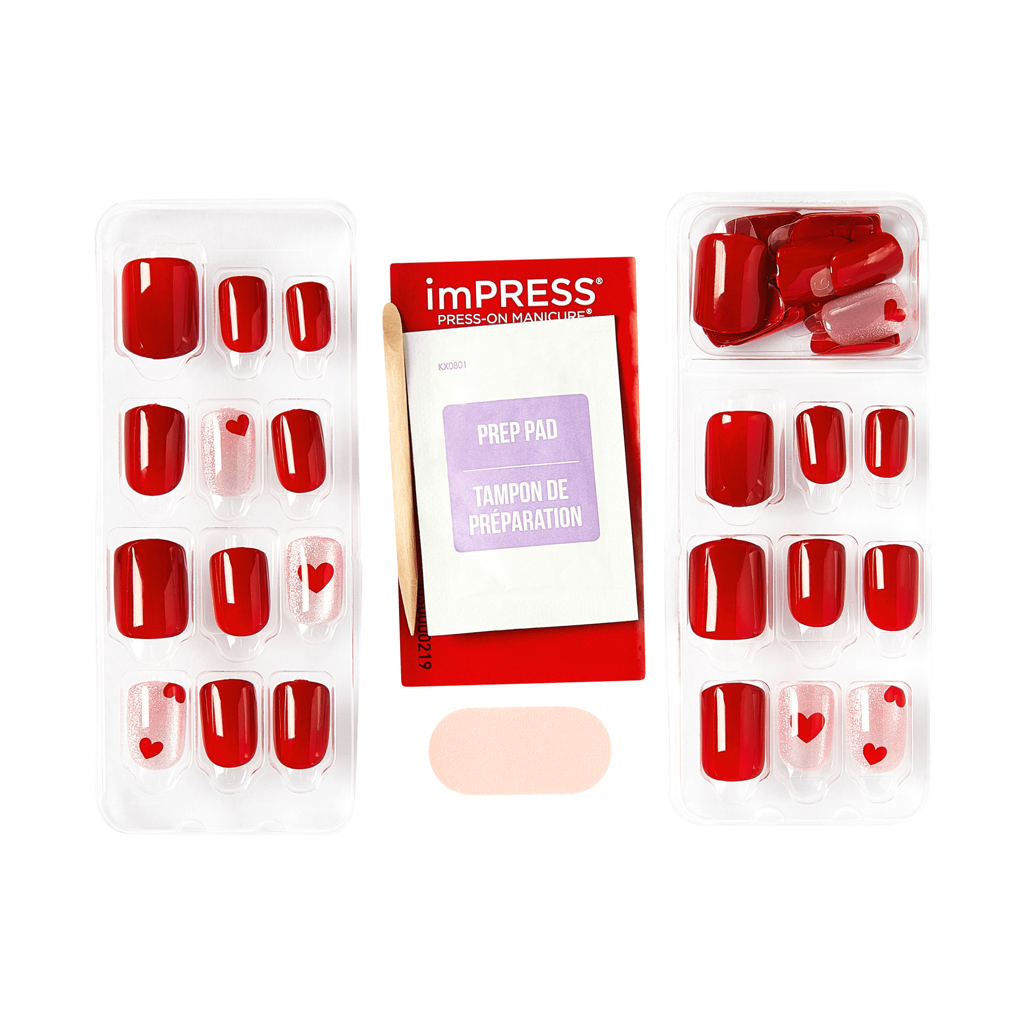 imPRESS press-on manicure set with red nails and heart designs, prep pad included.