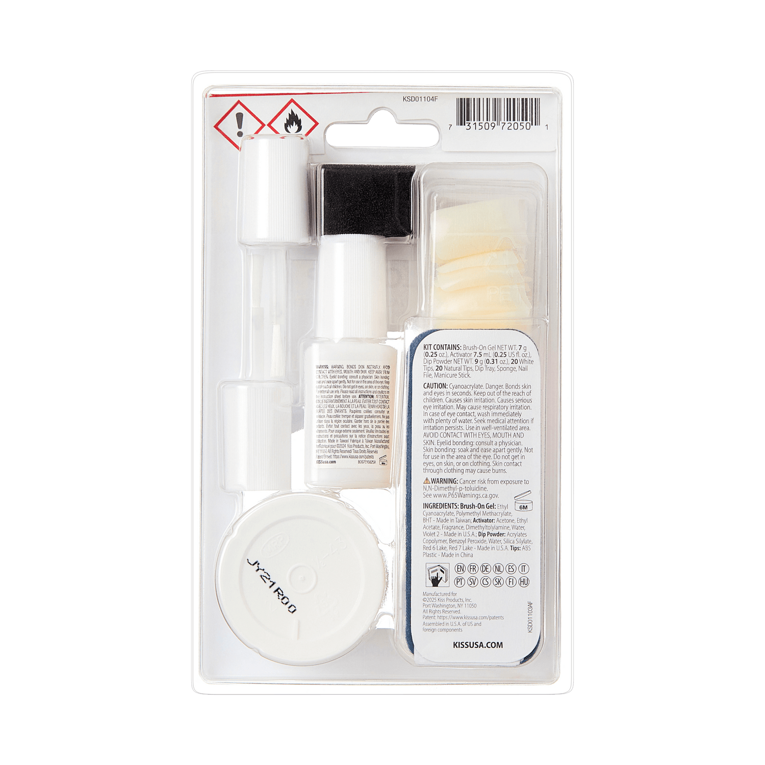 Clear plastic blister pack containing KISS Salon Dip Professional Dipping System with brush-on gel, activator, dip powder, white tips, nail tips, dip tray, sponge, nail file, and manicure stick. Packaging includes warning icons for hazards and safety information.