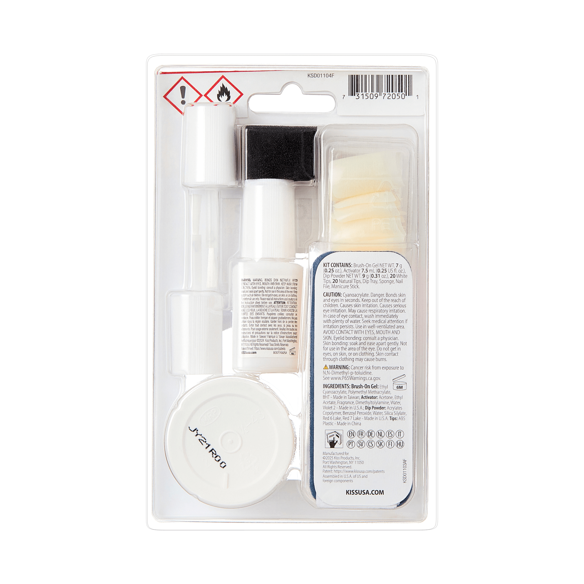 Clear plastic blister pack containing KISS Salon Dip Professional Dipping System with brush-on gel, activator, dip powder, white tips, nail tips, dip tray, sponge, nail file, and manicure stick. Packaging includes warning icons for hazards and safety information.
