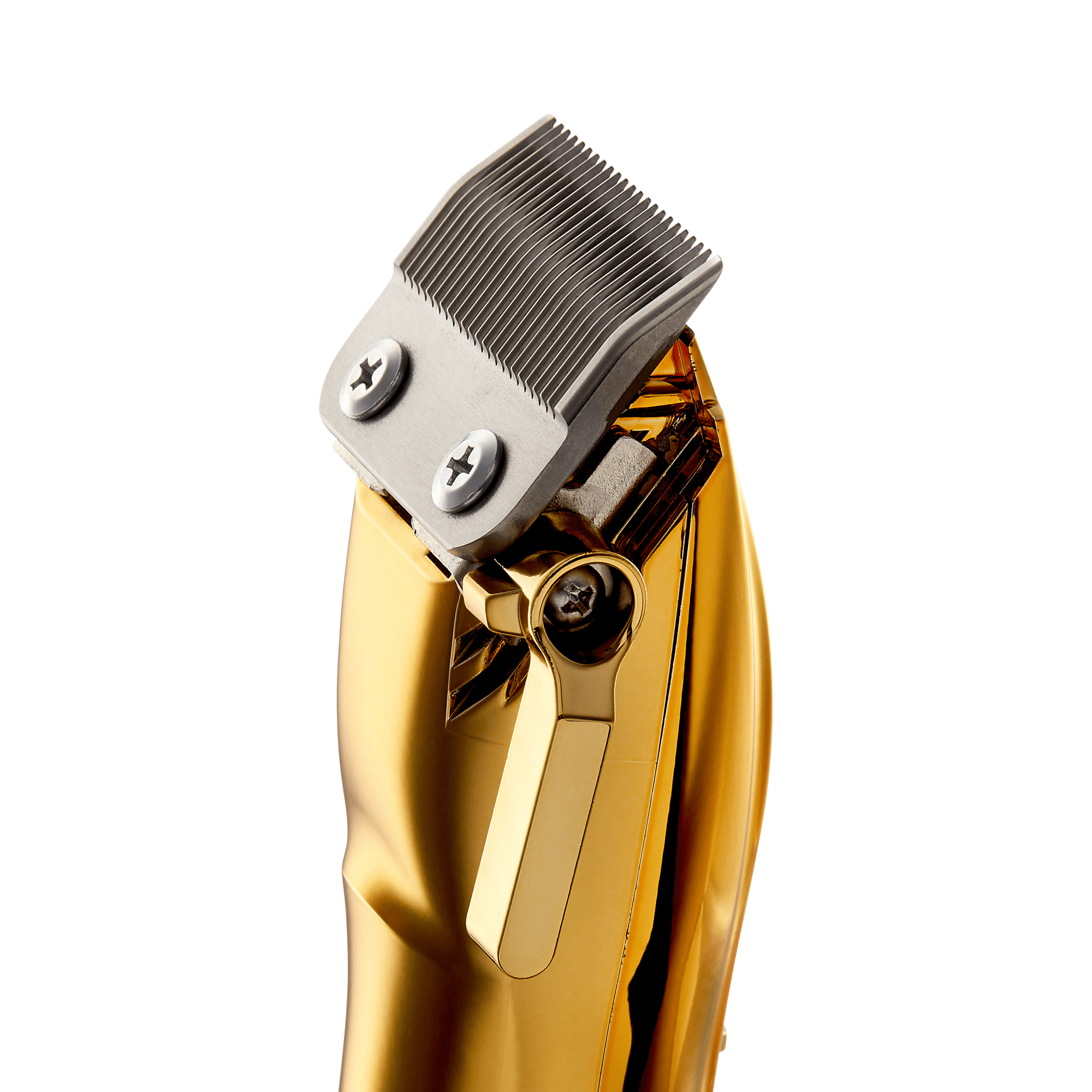 The image shows a close-up of a gold-colored electric hair clipper. The clipper has a metallic finish and features a set of sharp, silver-colored blades at the top. The blades are secured with two screws. The handle of the clipper is ergonomically designed, with a lever on the side for adjusting the blade length. The overall design appears sleek and modern, with a focus on both functionality and aesthetics.