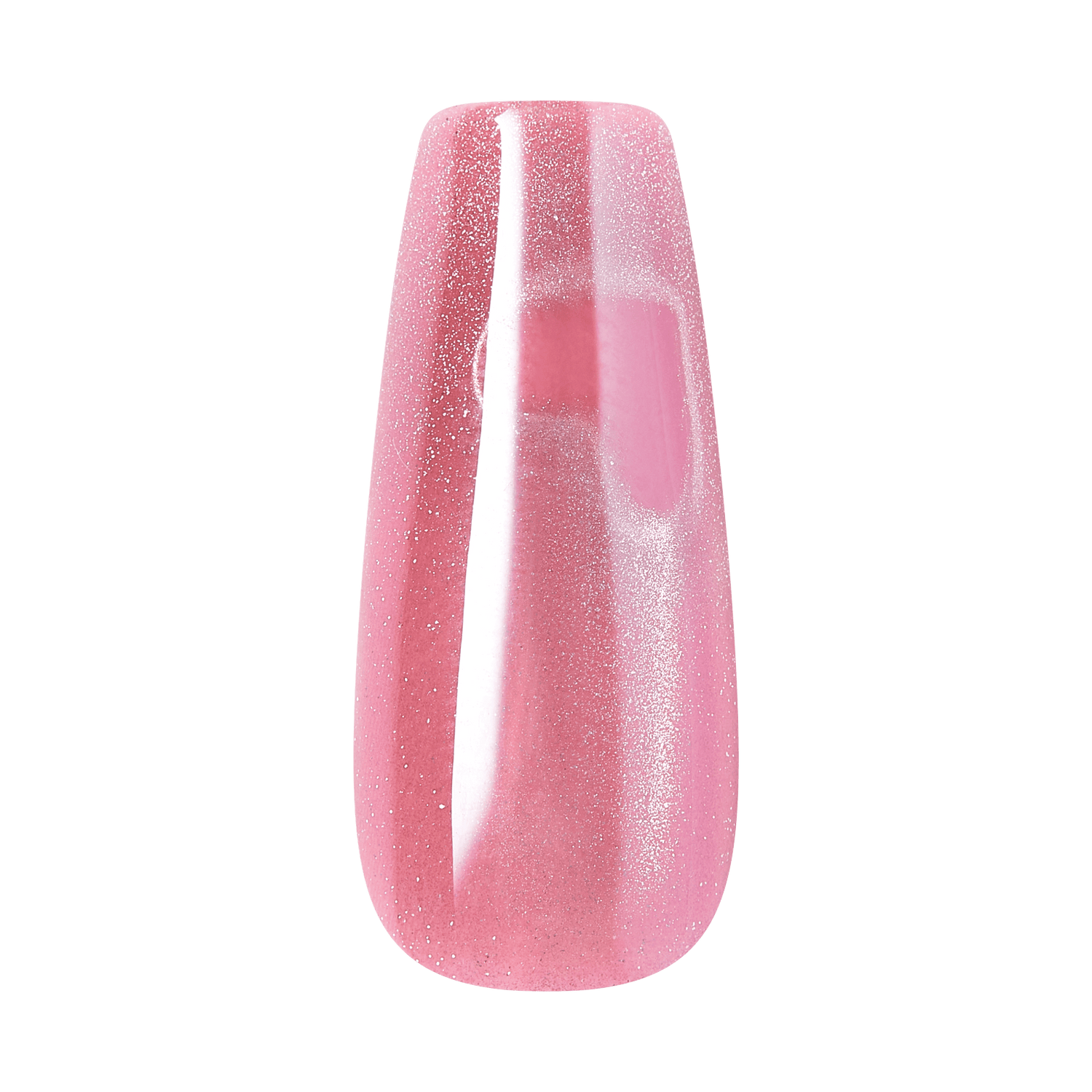 Pink glitter gel manicure nail polish swatch on coffin nail shape