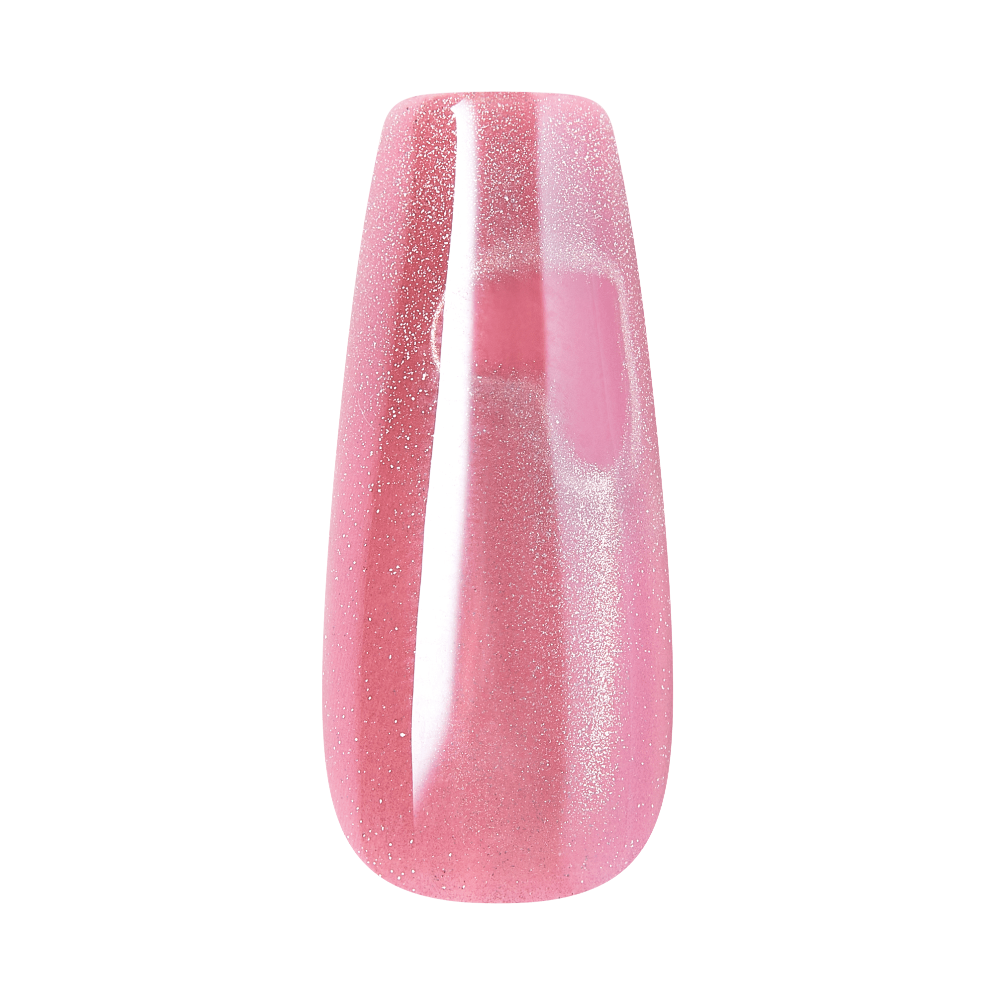 Pink glitter gel manicure nail polish swatch on coffin nail shape
