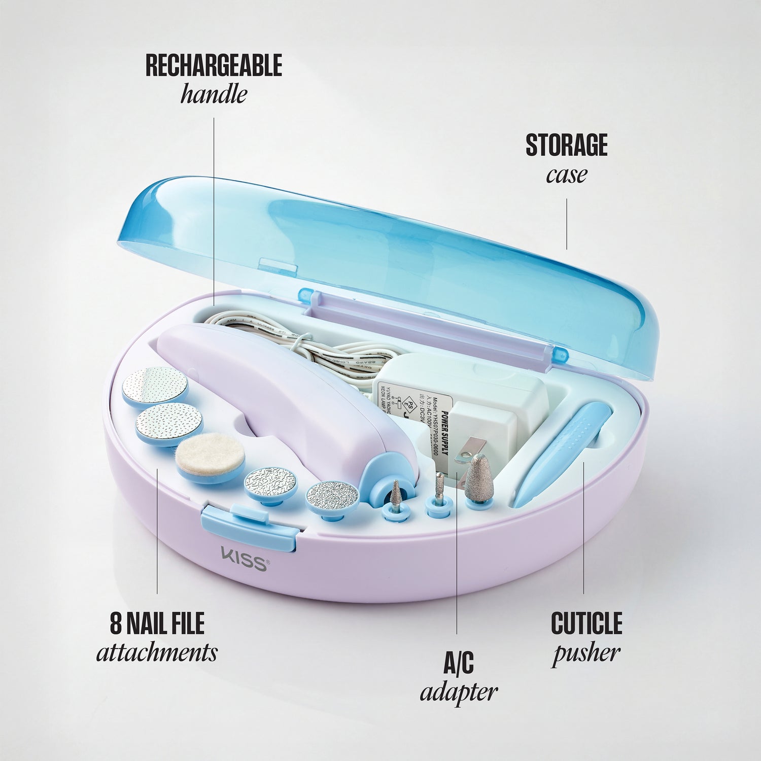 Nail care kit with various attachments labeled on a white background