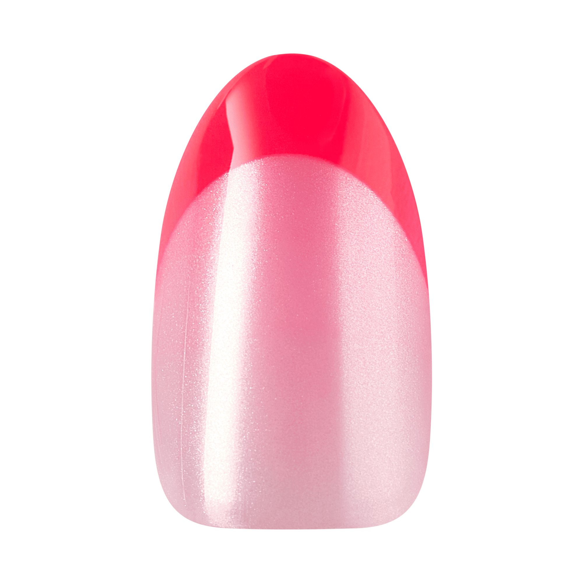 The image features a nail design on a nail tip. The tip is painted in a vibrant red color that transitions into a soft pink base. The pink portion has a subtle shimmer, giving it a glossy appearance. The design showcases a smooth gradient effect, blending the two colors seamlessly. The overall look is stylish and modern, perfect for a chic manicure.