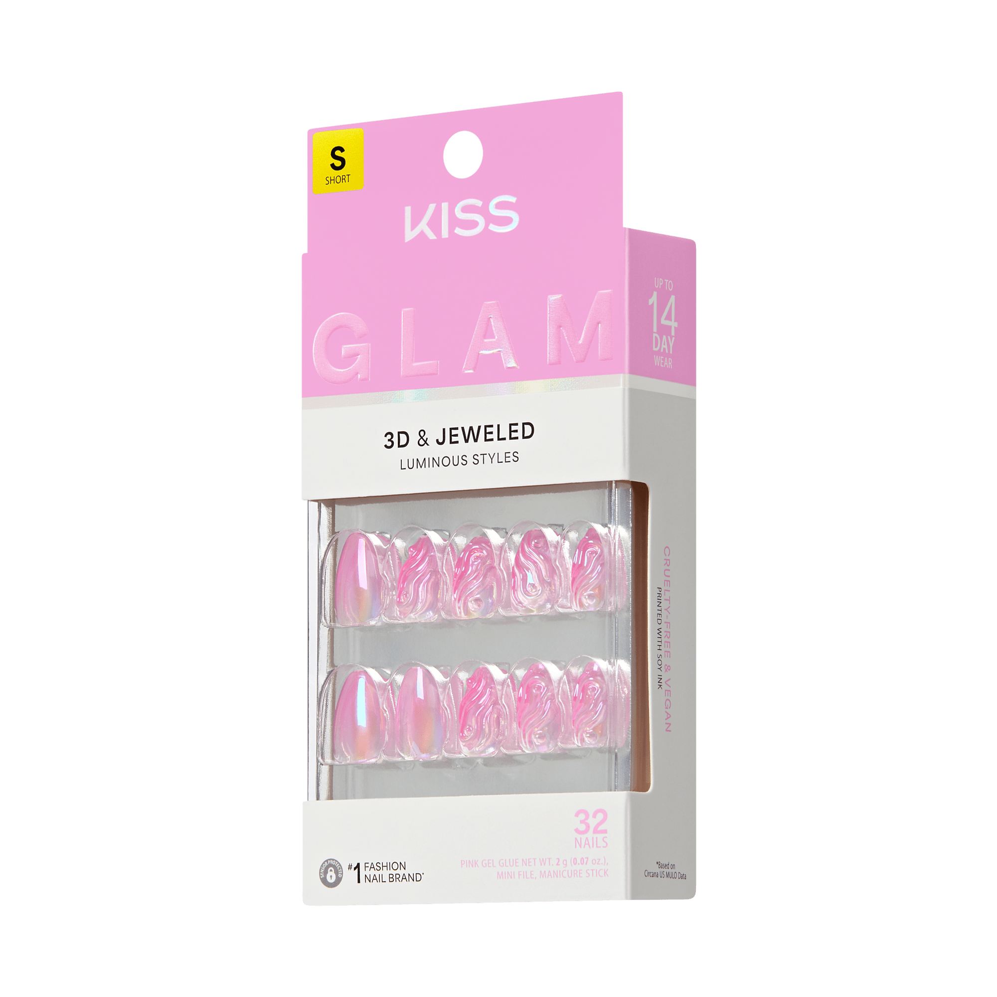 Kiss Glam Jeweled Press On Fake Glue Nails - Starry Chiffon | 3D &amp; Jeweled Design, Pink, Short, Almond