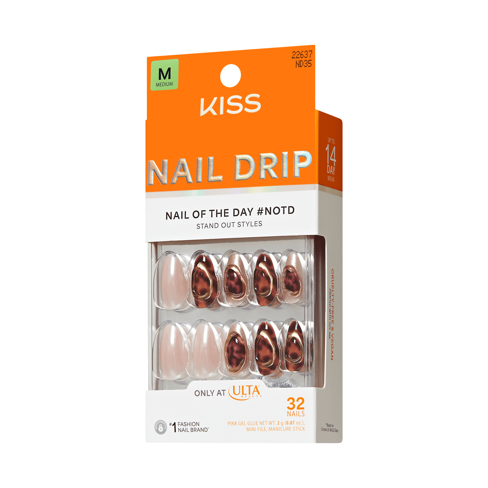 KISS Nail Drip Medium fake nails in burgundy and nude with gel glue, 32 nails