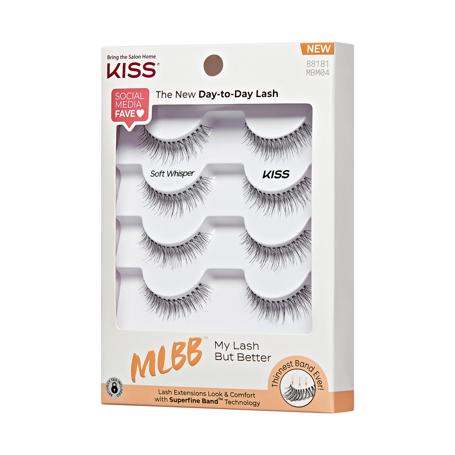The image features a packaging for KISS brand false eyelashes. The box is labeled "Bring the Salon Home" and highlights the product as a "Social Media Fave." It showcases three different styles of lashes, including "Soft Whisper" and "MLBB" (My Lash But Better). The packaging emphasizes the ease of use and comfort of the lashes, which are designed with "Superfine Band" technology. The overall design is clean and modern, with a focus on the lashes themselves.