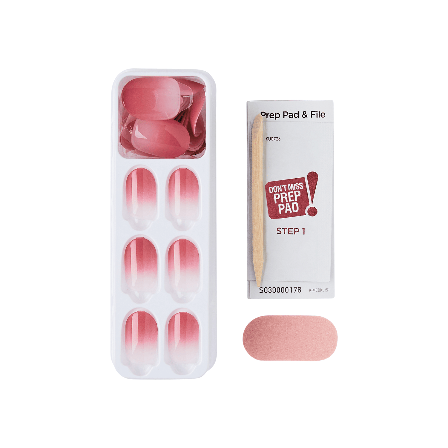 The image features a nail preparation kit. It includes a tray with several false nails in a gradient pink color, transitioning from a darker shade at the top to a lighter one at the bottom. Next to the tray is a small package labeled "Prep Pad &amp; File," which indicates it contains tools for nail preparation. The package has a bold red exclamation mark and the text "DON&
